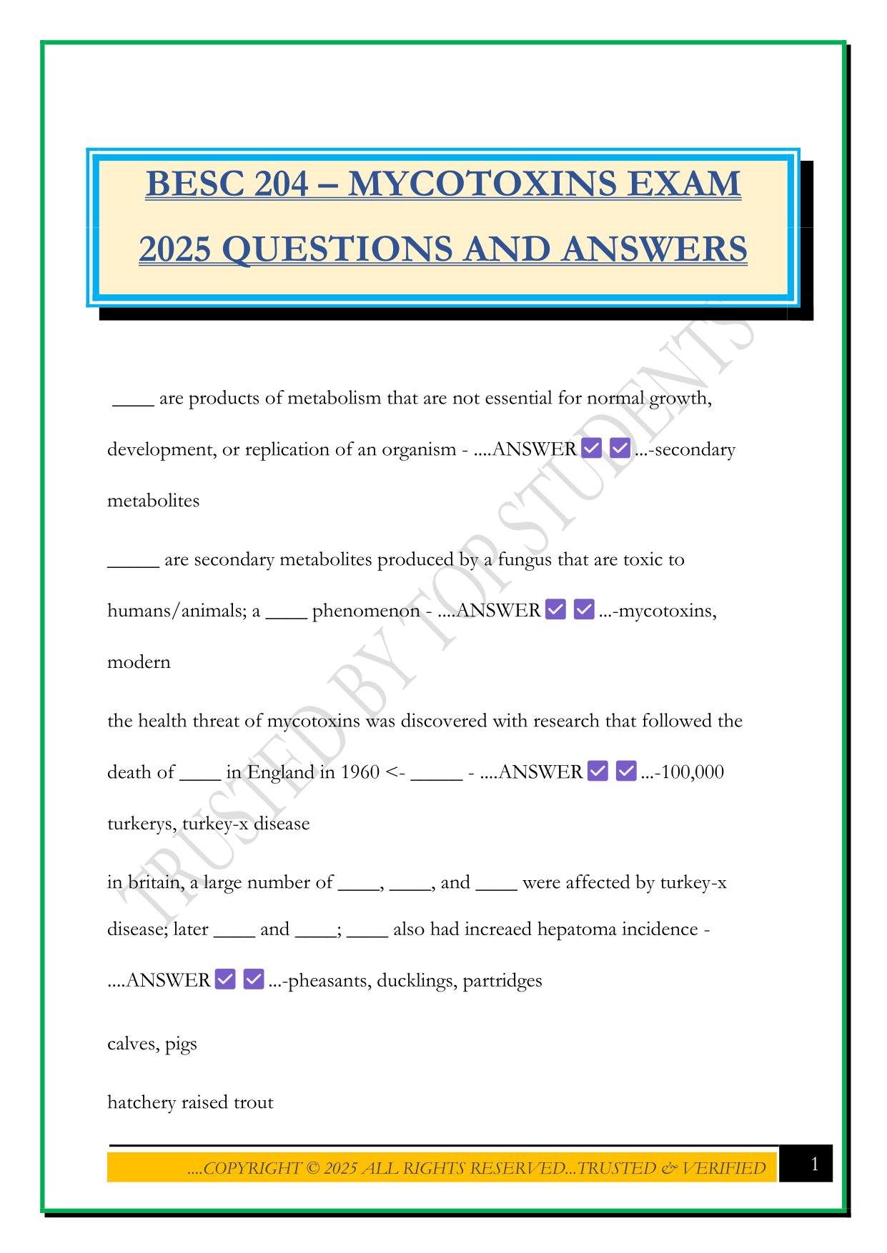BESC 204 – MYCOTOXINS EXAM 2025 QUESTIONS AND ANSWERS
