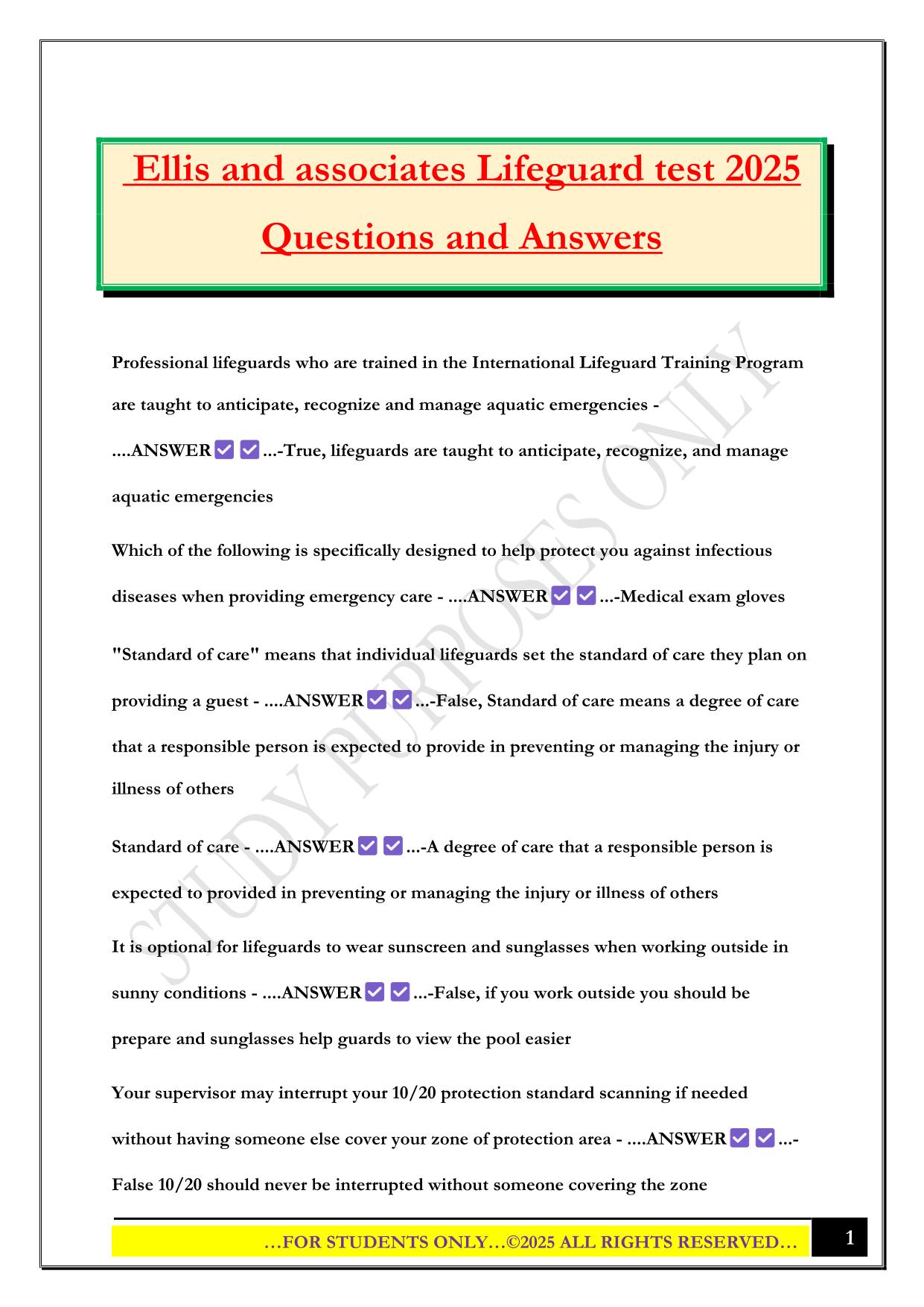 Ellis and associates Lifeguard test 2025 Questions and Answers