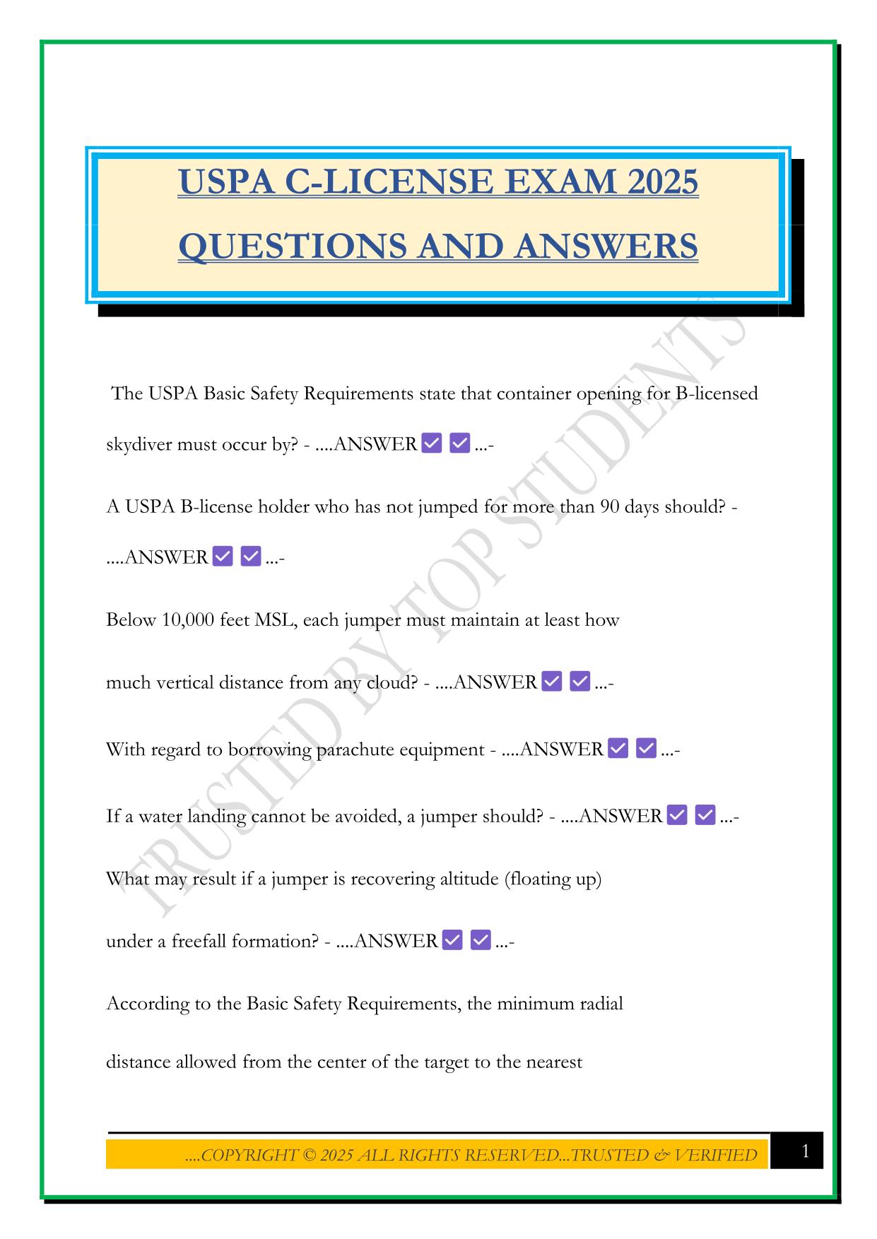 USPA C-LICENSE EXAM 2025 QUESTIONS AND ANSWERS