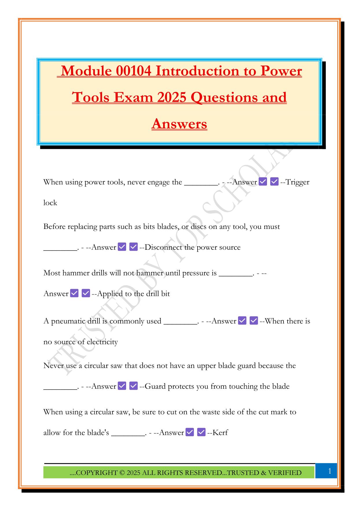 Module 00104 Introduction to Power Tools Exam 2025 Questions and Answers
