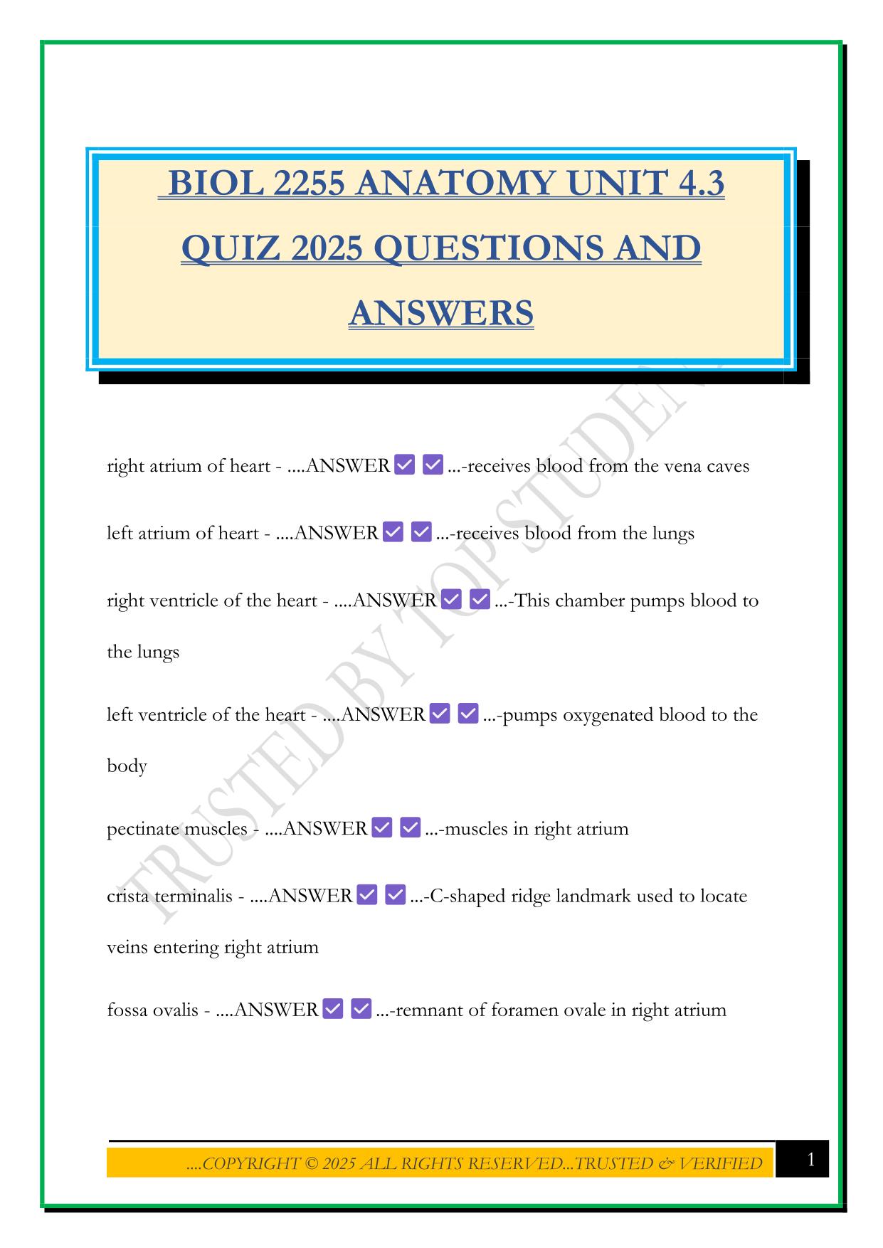BIOL 2255 ANATOMY UNIT 4.3 QUIZ 2025 QUESTIONS AND ANSWERS