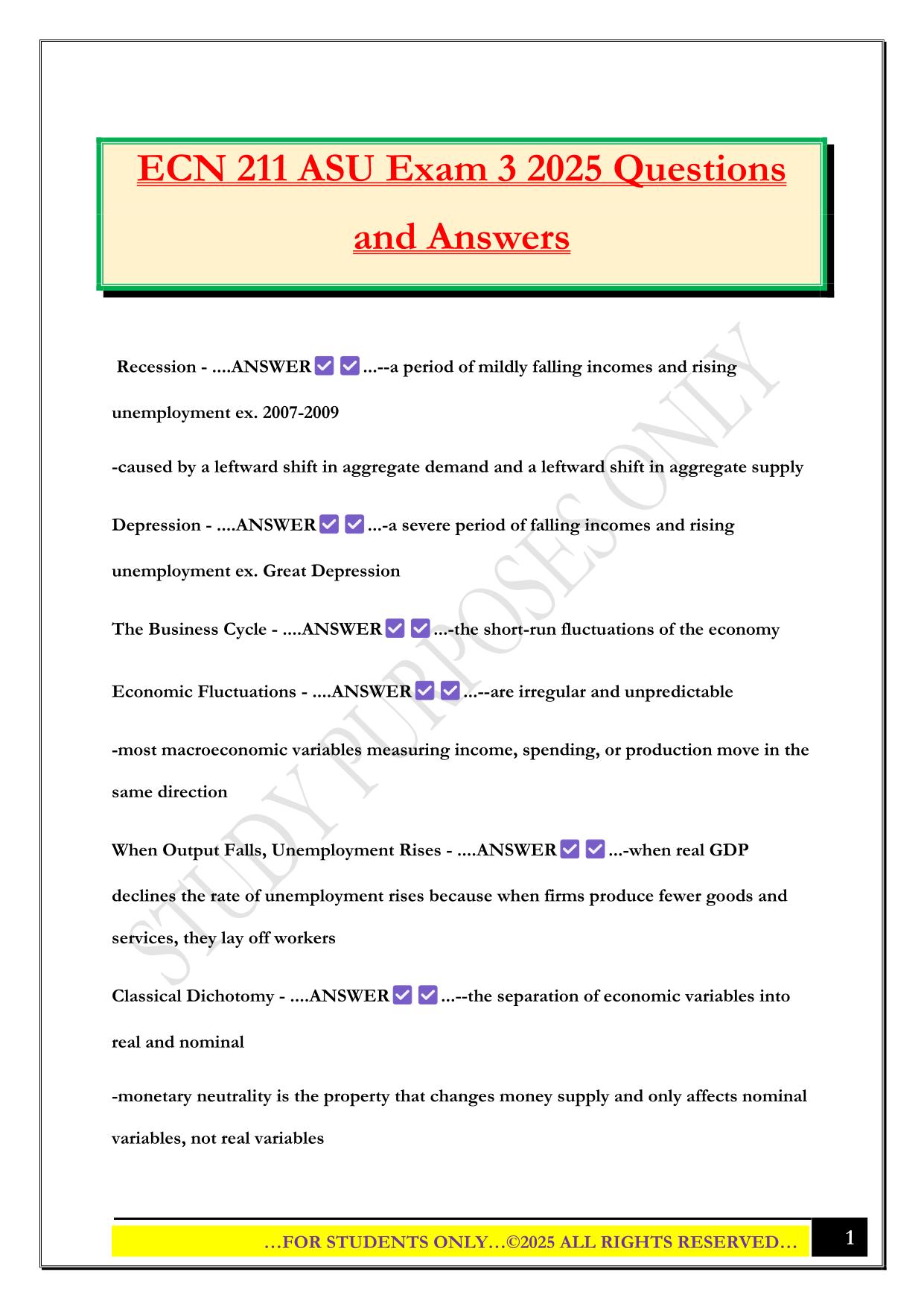 ECN 211 ASU Exam 3 2025 Questions and Answers