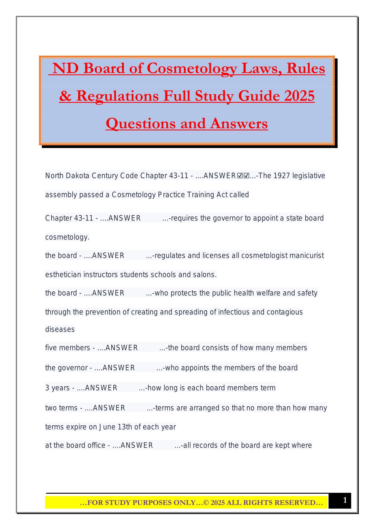 ND Board of Cosmetology Laws, Rules & Regulations Full Study Guide 2025 Questions and Answers