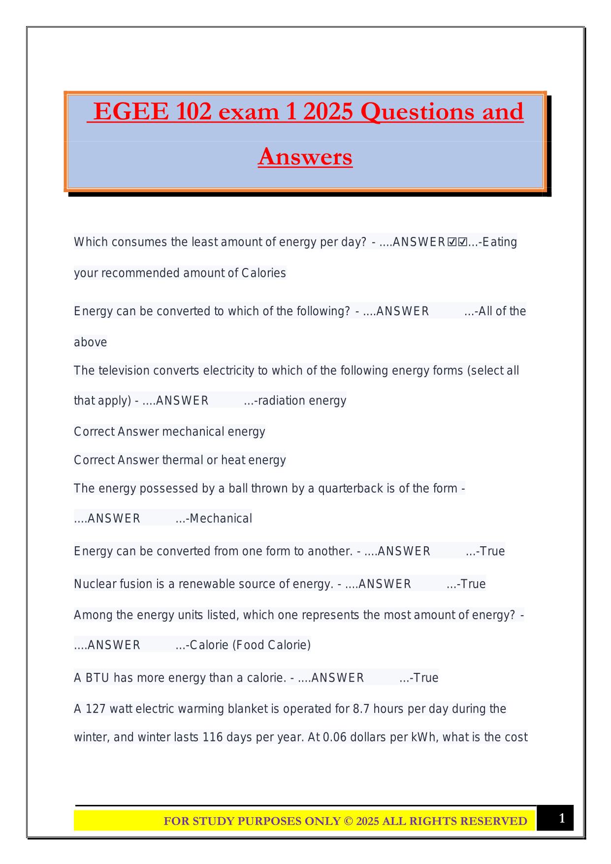 EGEE 102 exam 1 2025 Questions and Answers