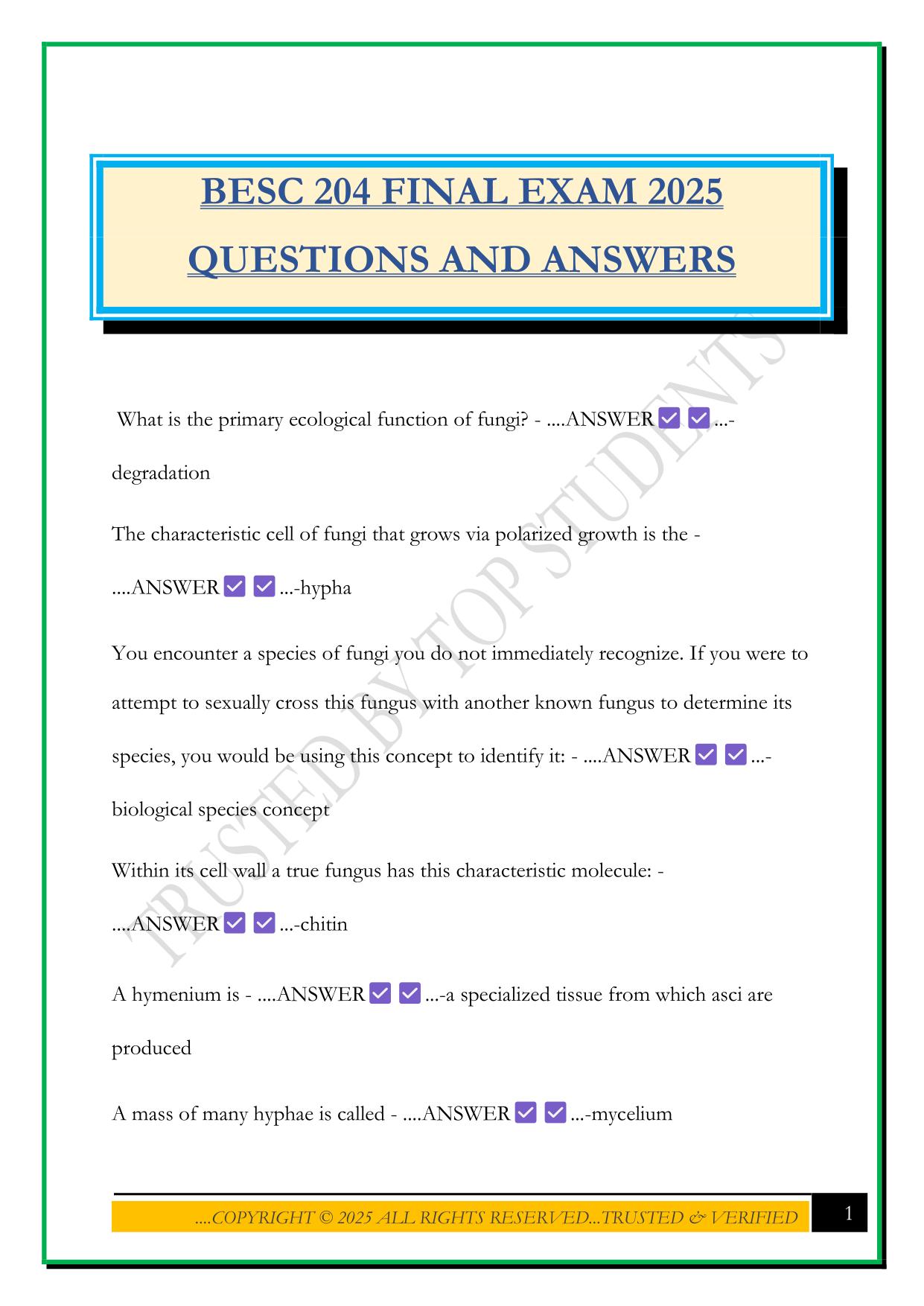 BESC 204 FINAL EXAM 2025 QUESTIONS AND ANSWERS