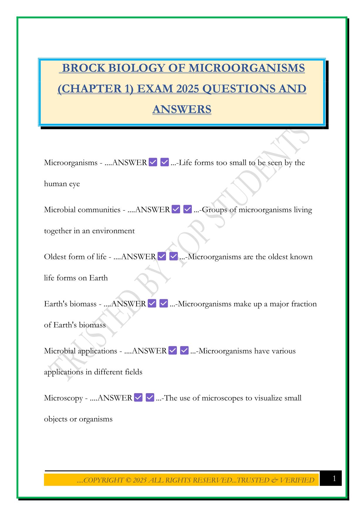 BROCK BIOLOGY OF MICROORGANISMS (CHAPTER 1) EXAM 2025 QUESTIONS AND ANSWERS