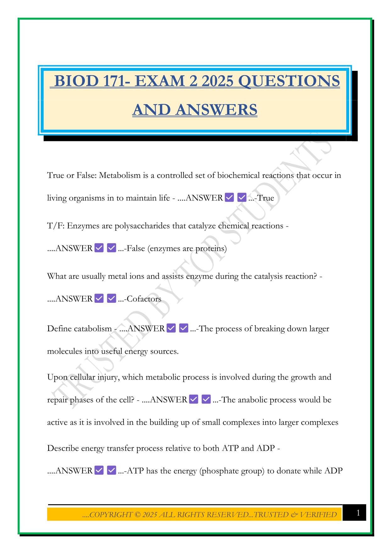 BIOD 171- EXAM 2 2025 QUESTIONS AND ANSWERS
