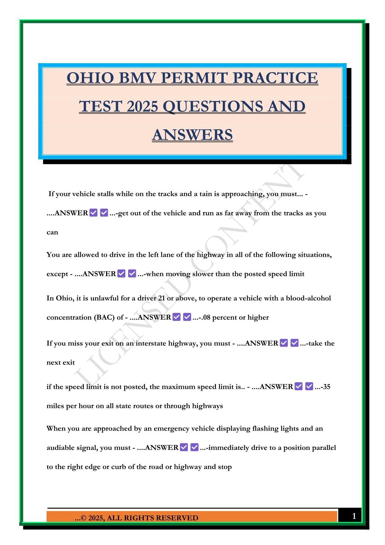 OHIO BMV PERMIT PRACTICE TEST 2025 QUESTIONS AND ANSWERS