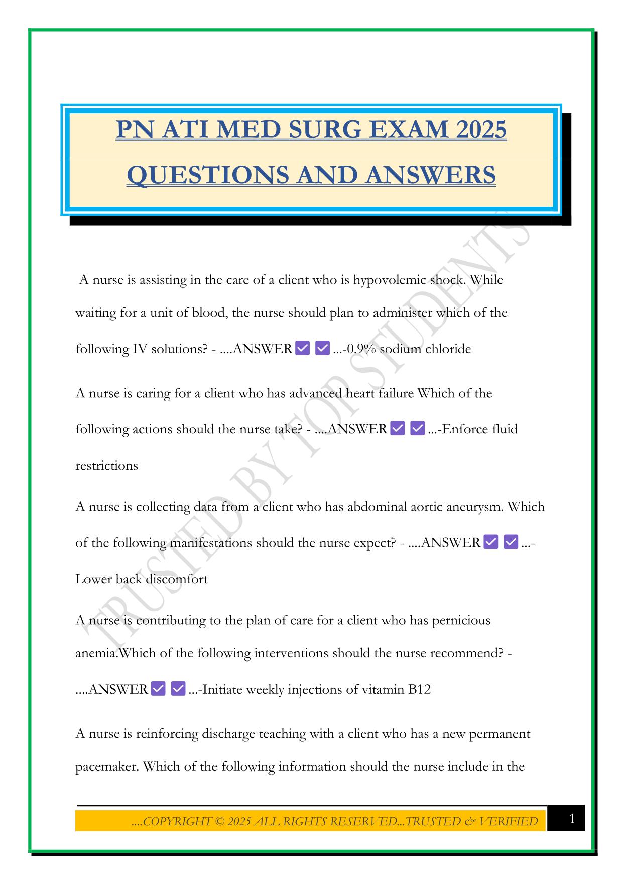 PN ATI MED SURG EXAM 2025 QUESTIONS AND ANSWERS