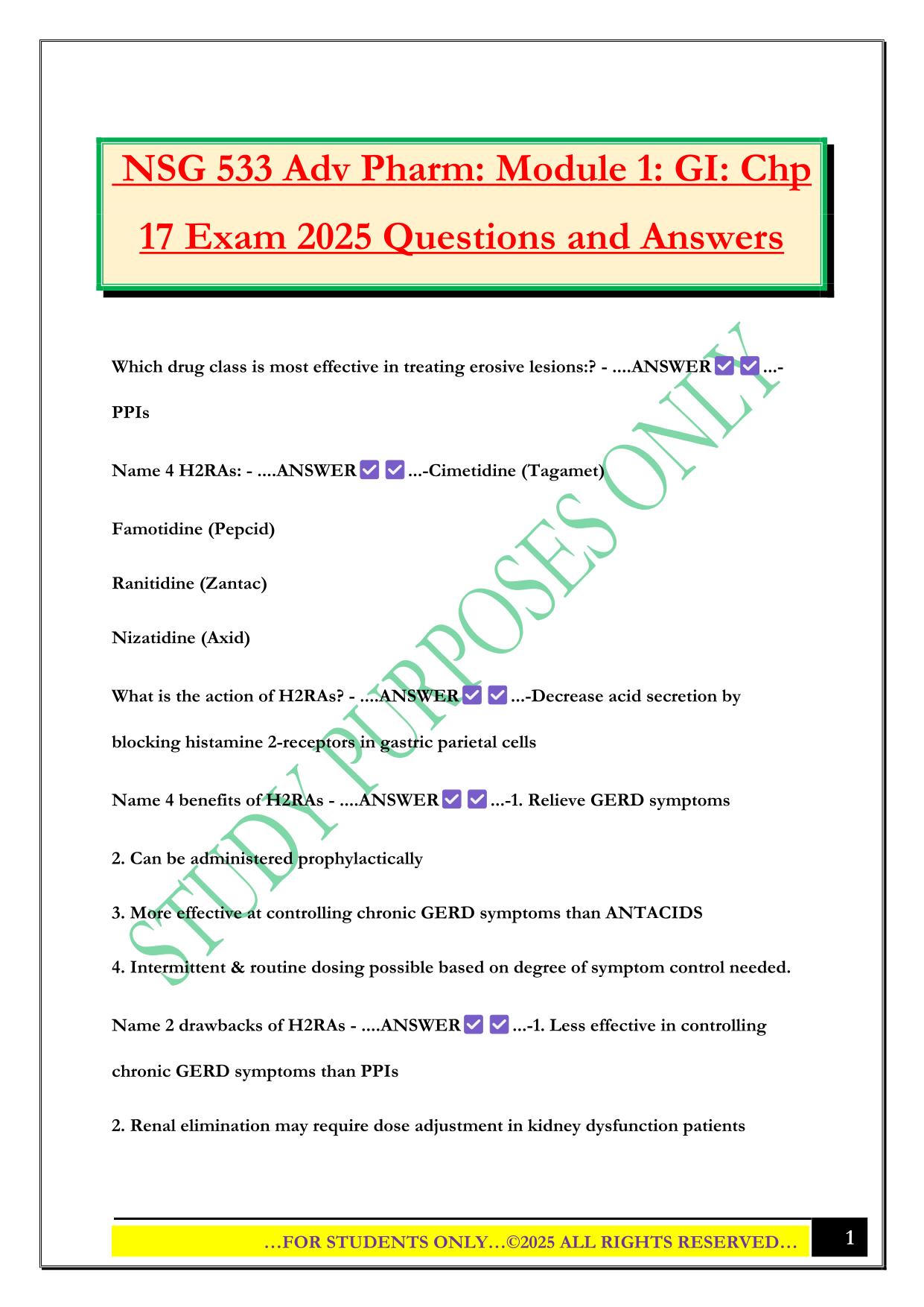NSG 533 Adv Pharm: Module 1: GI: Chp 17 Exam 2025 Questions and Answers