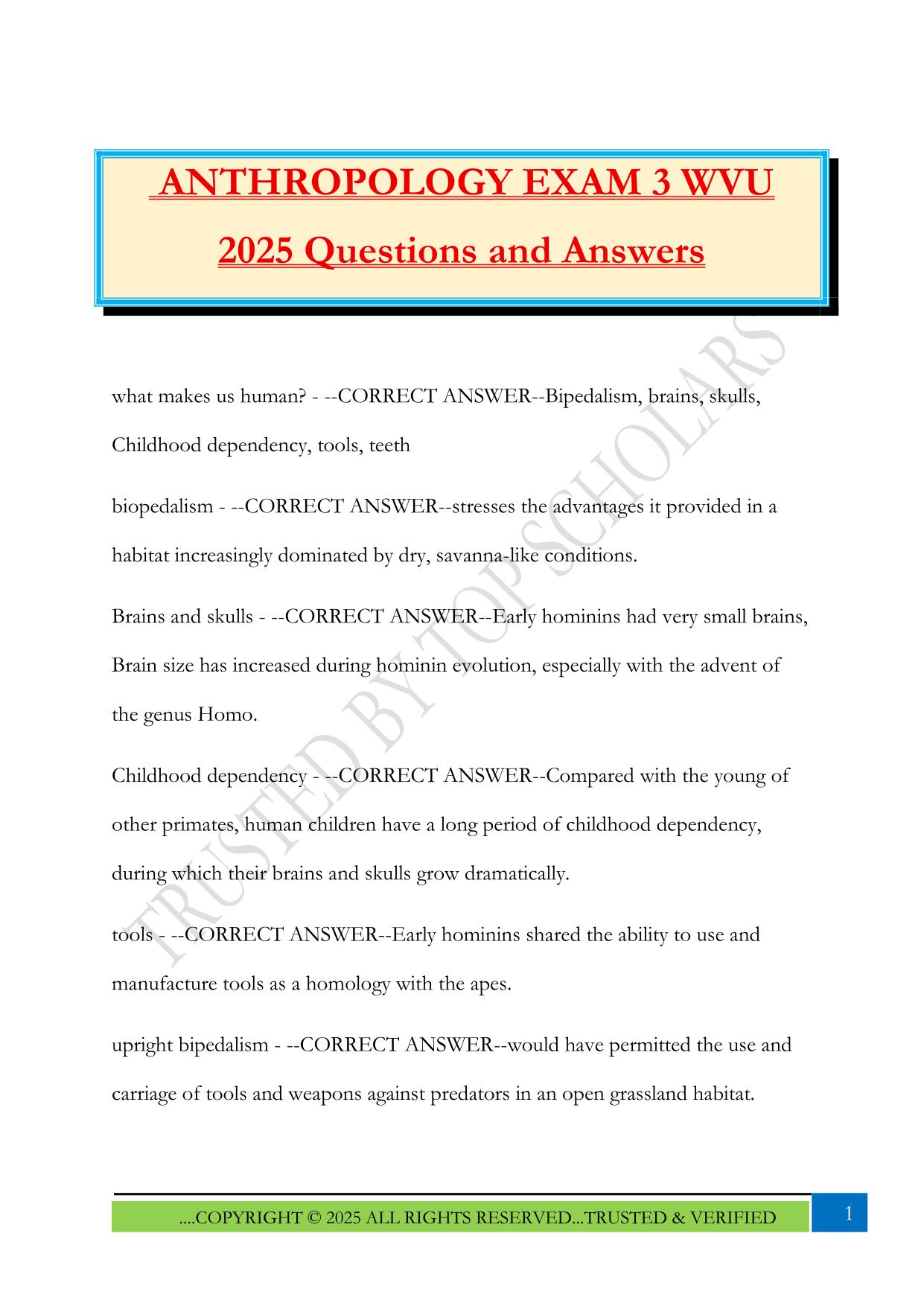 ANTHROPOLOGY EXAM 3 WVU 2025 Questions and Answers