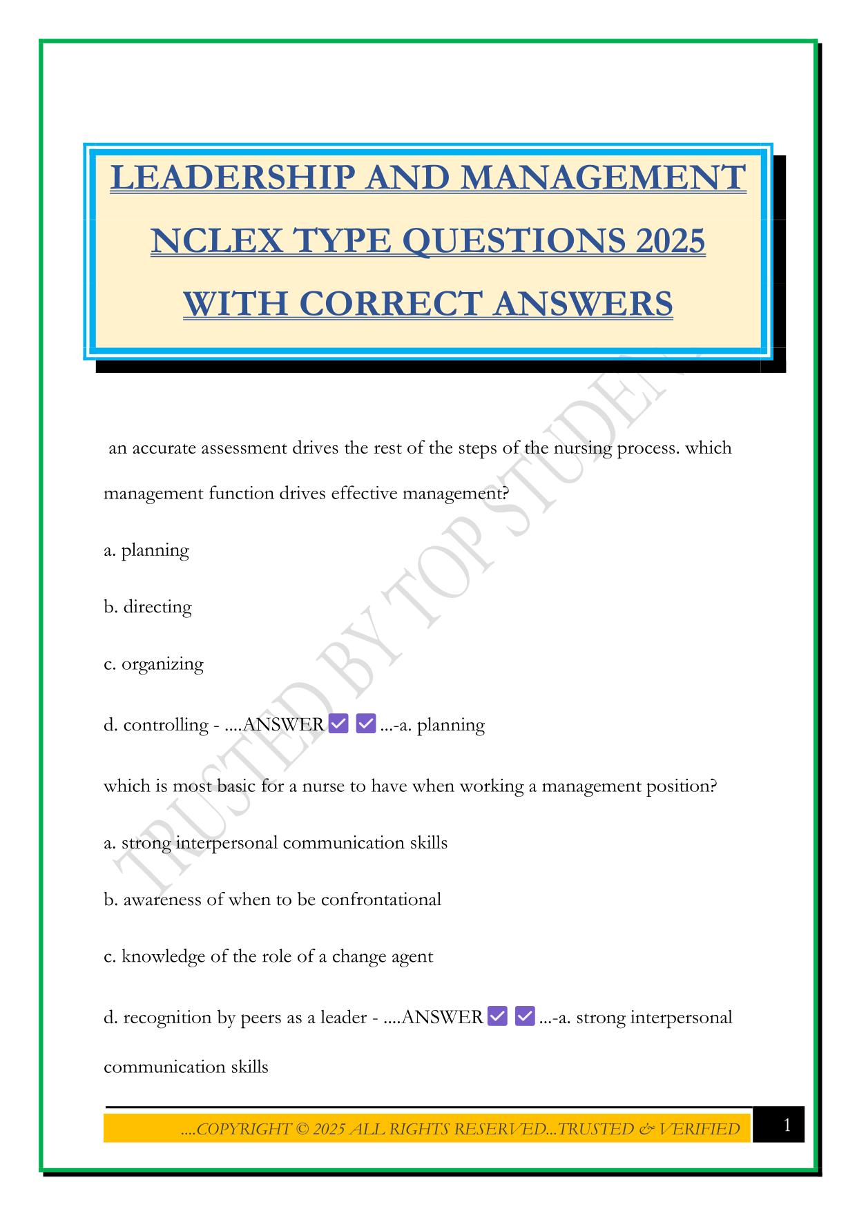 LEADERSHIP AND MANAGEMENT NCLEX TYPE QUESTIONS 2025 WITH CORRECT ANSWERS