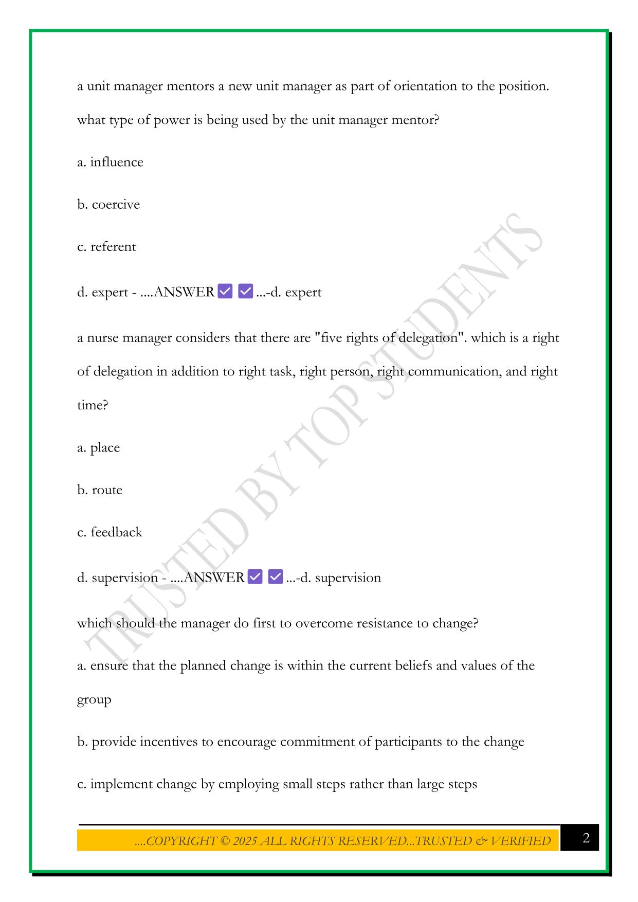 LEADERSHIP AND MANAGEMENT NCLEX TYPE QUESTIONS 2025 WITH CORRECT ANSWERS