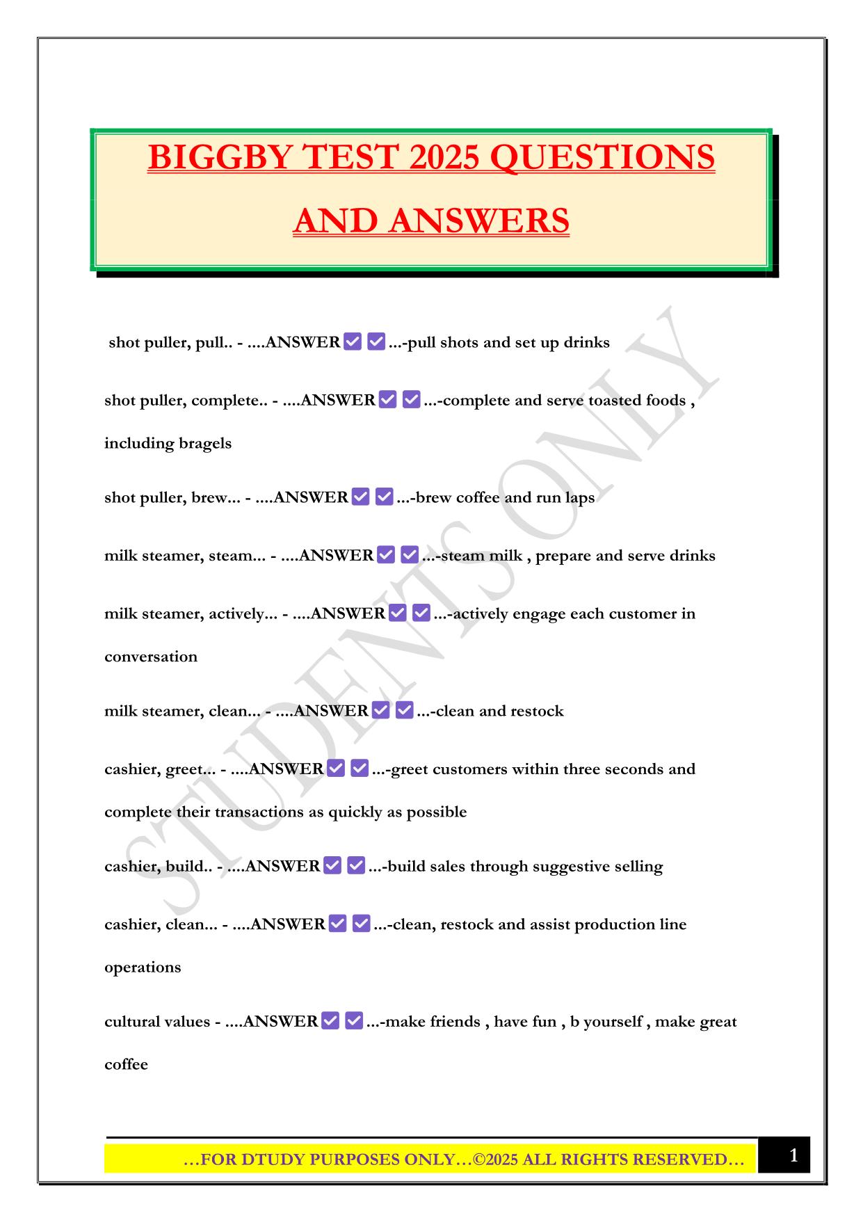 BIGGBY TEST 2025 QUESTIONS AND ANSWERS