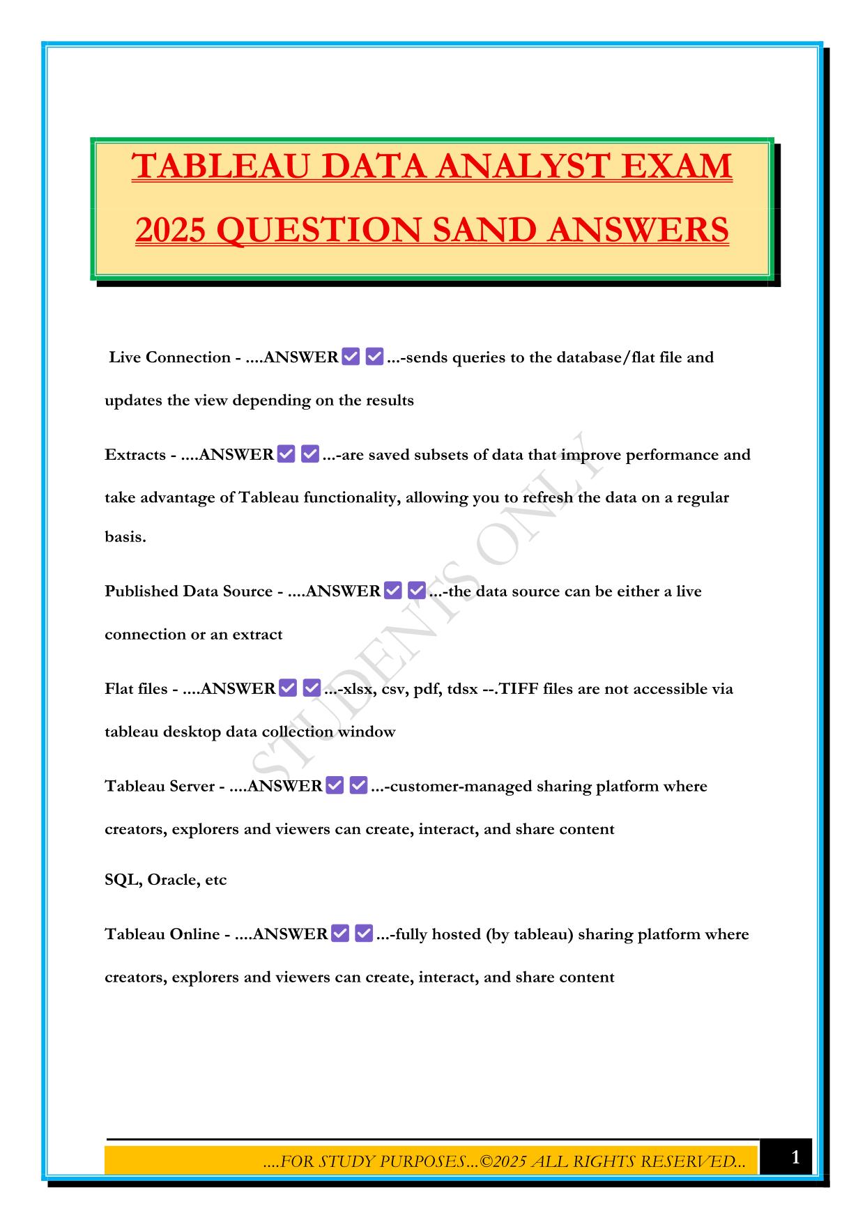 TABLEAU DATA ANALYST EXAM 2025 QUESTION SAND ANSWERS