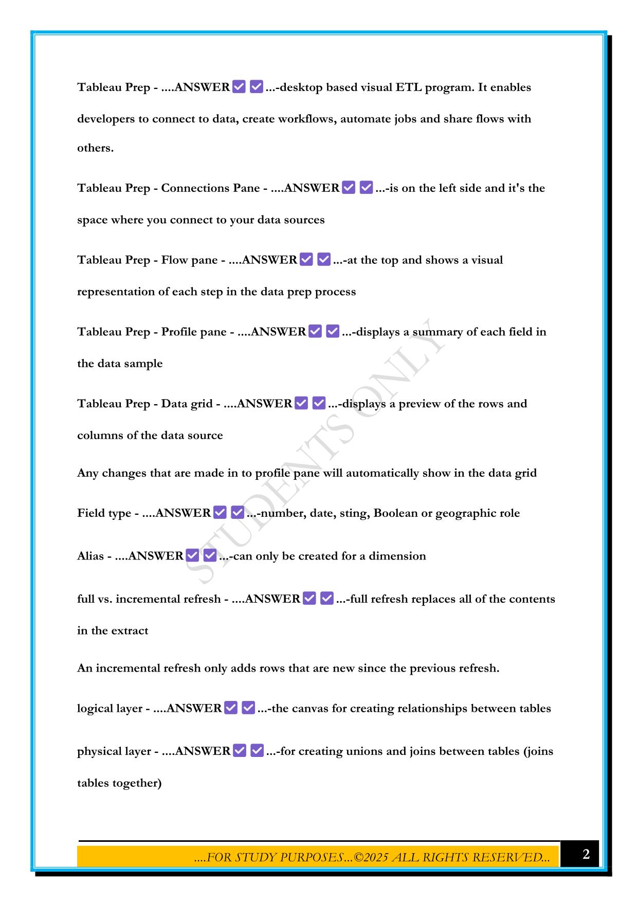 TABLEAU DATA ANALYST EXAM 2025 QUESTION SAND ANSWERS