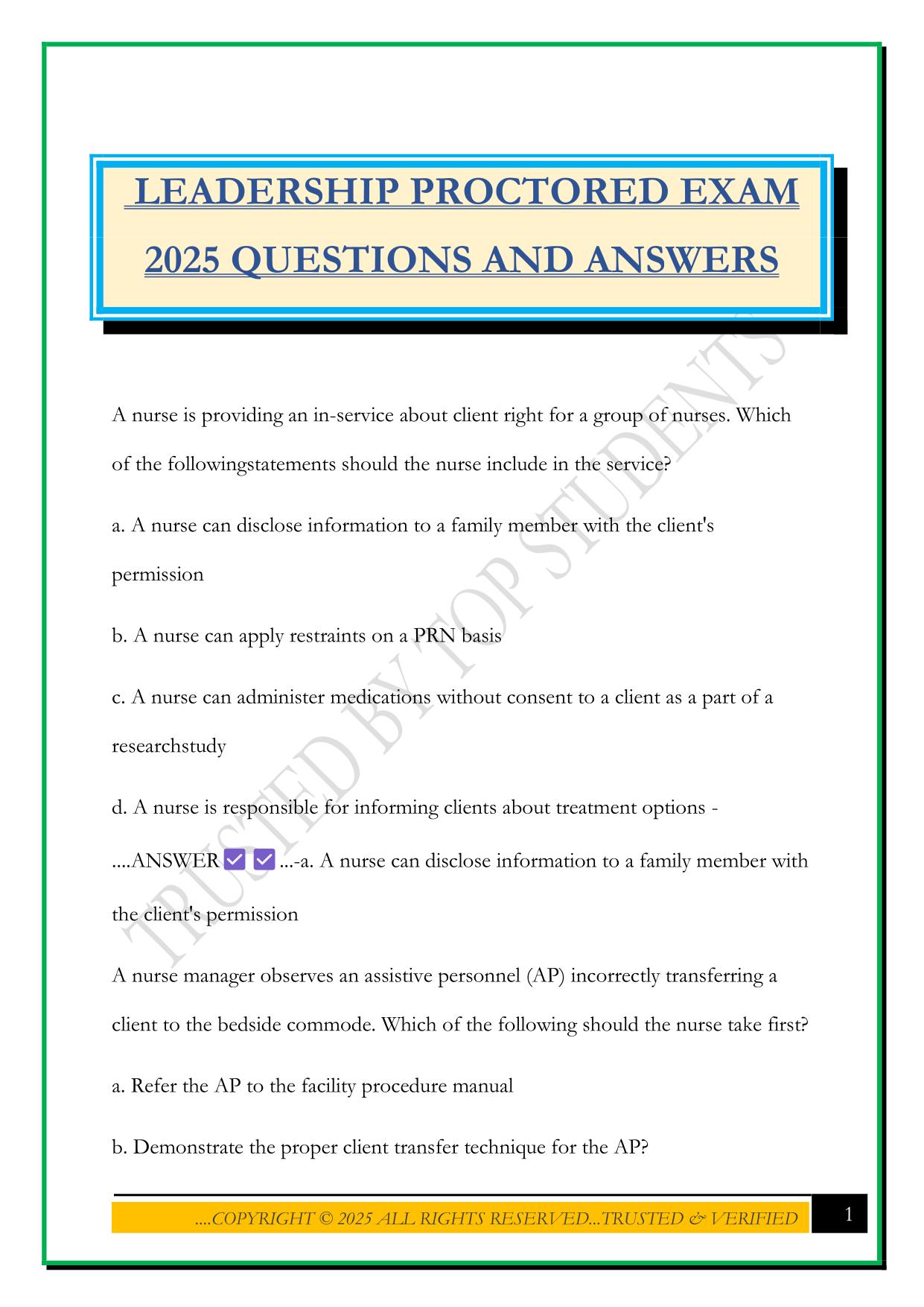 LEADERSHIP PROCTORED EXAM 2025 QUESTIONS AND ANSWERS