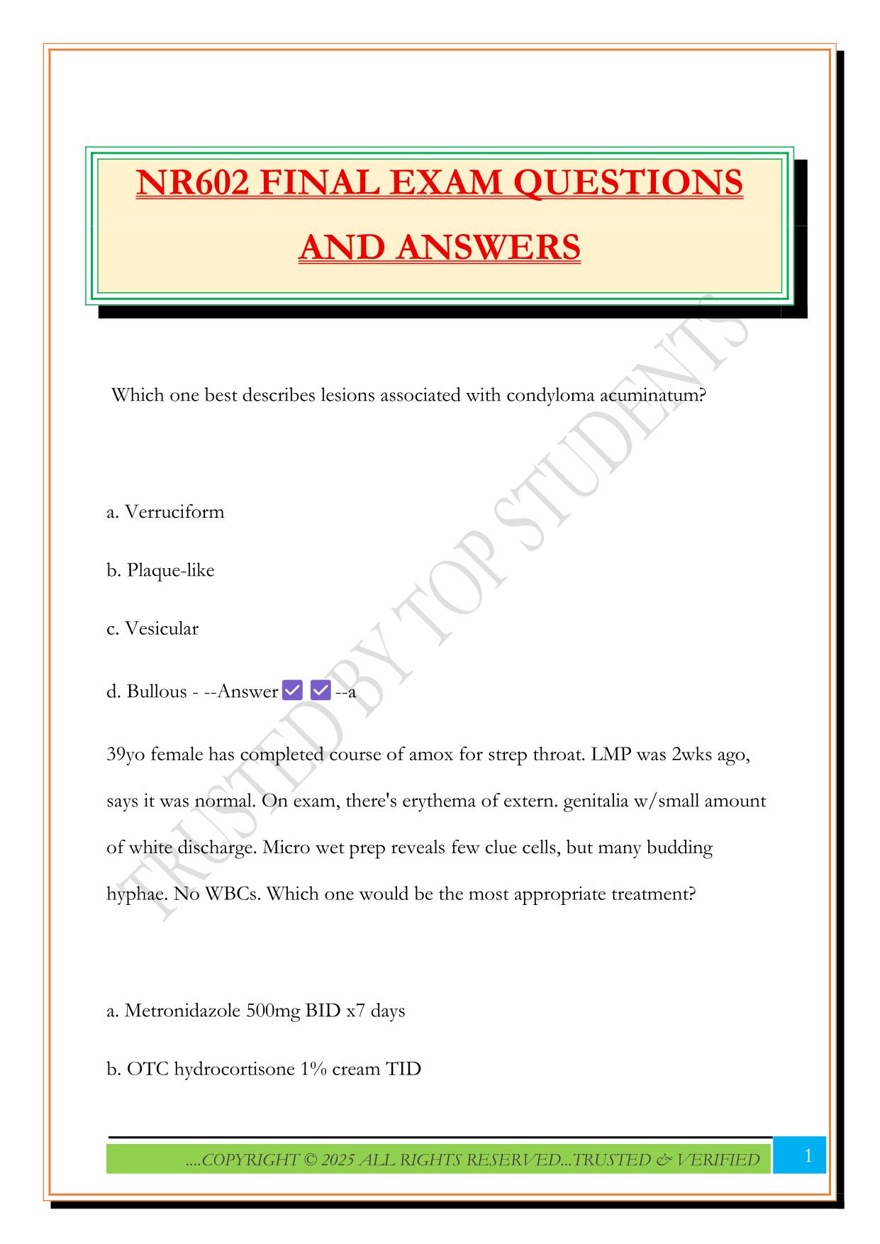 NR602 FINAL EXAM QUESTIONS AND ANSWERS