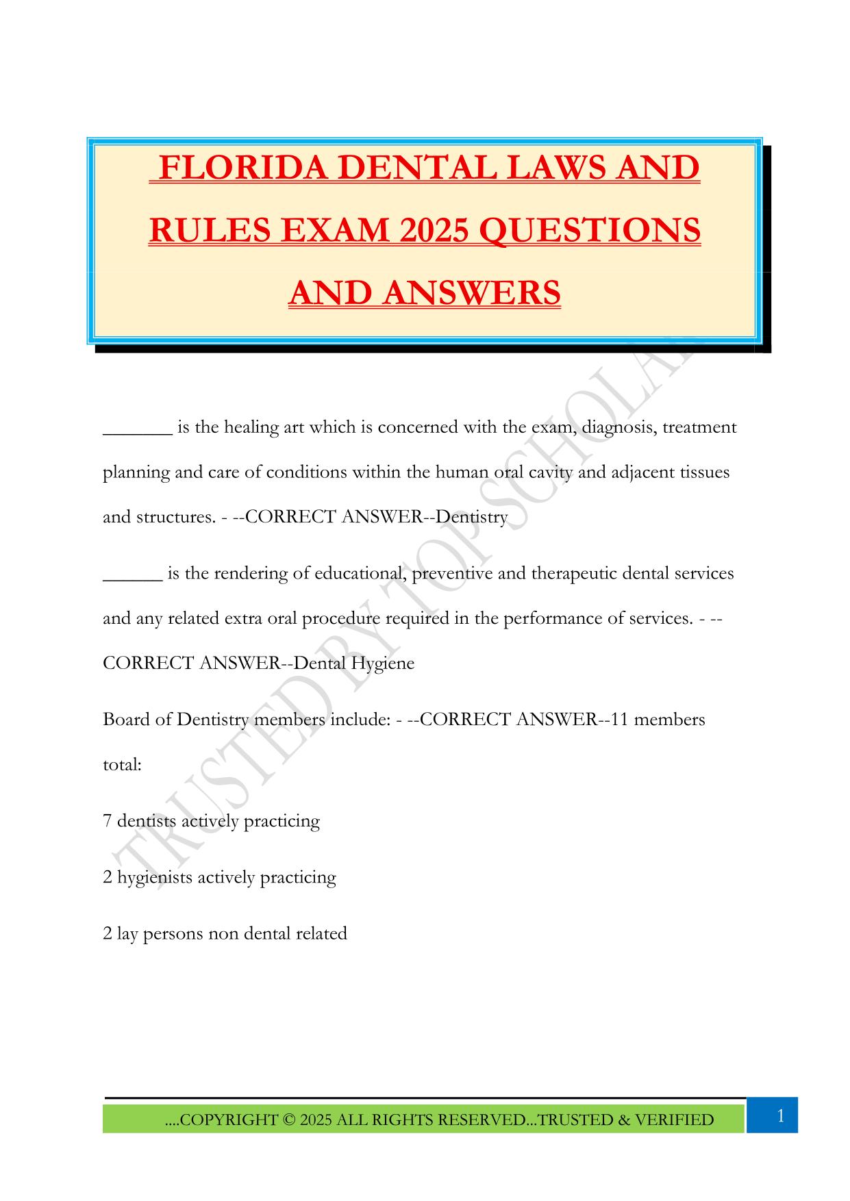 FLORIDA DENTAL LAWS AND RULES EXAM 2025 QUESTIONS AND ANSWERS