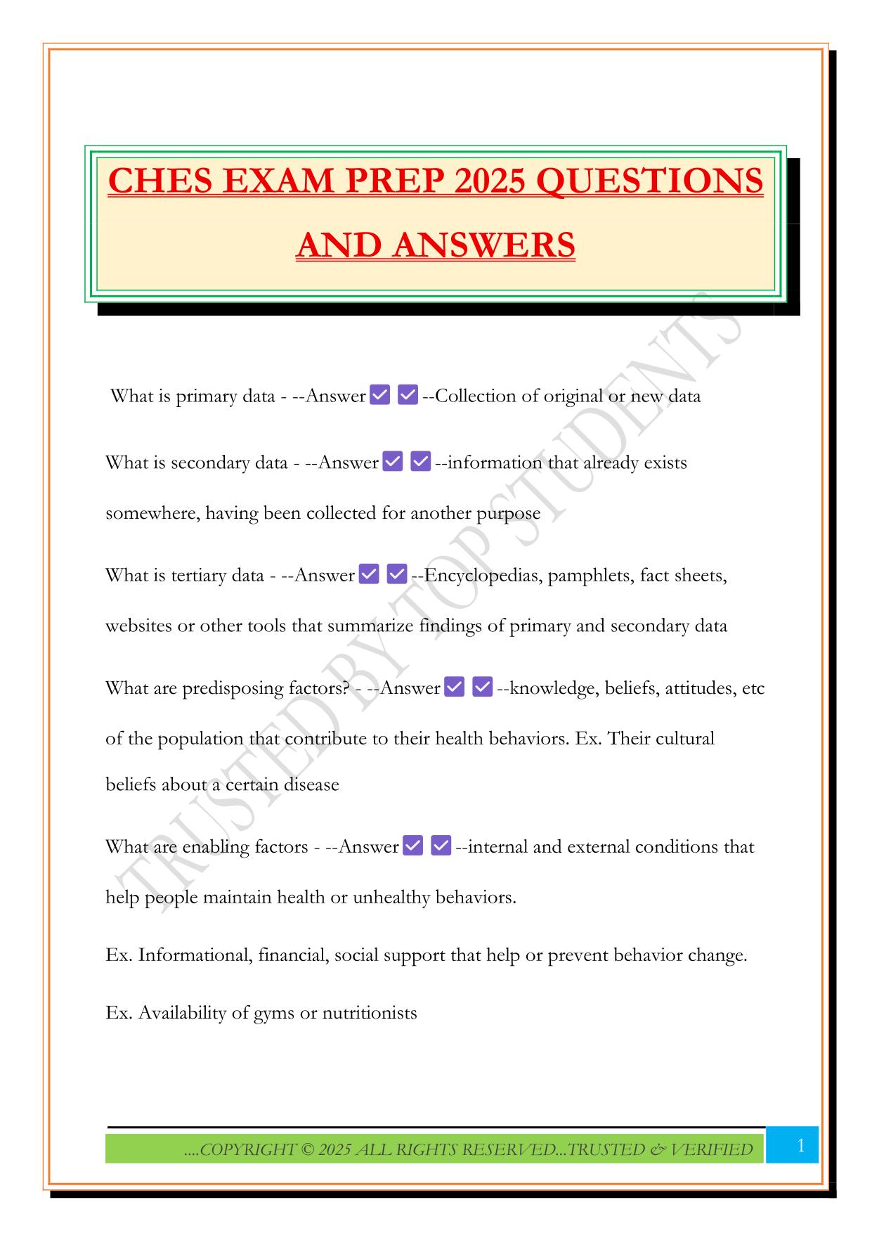 CHES EXAM PREP 2025 QUESTIONS AND ANSWERS