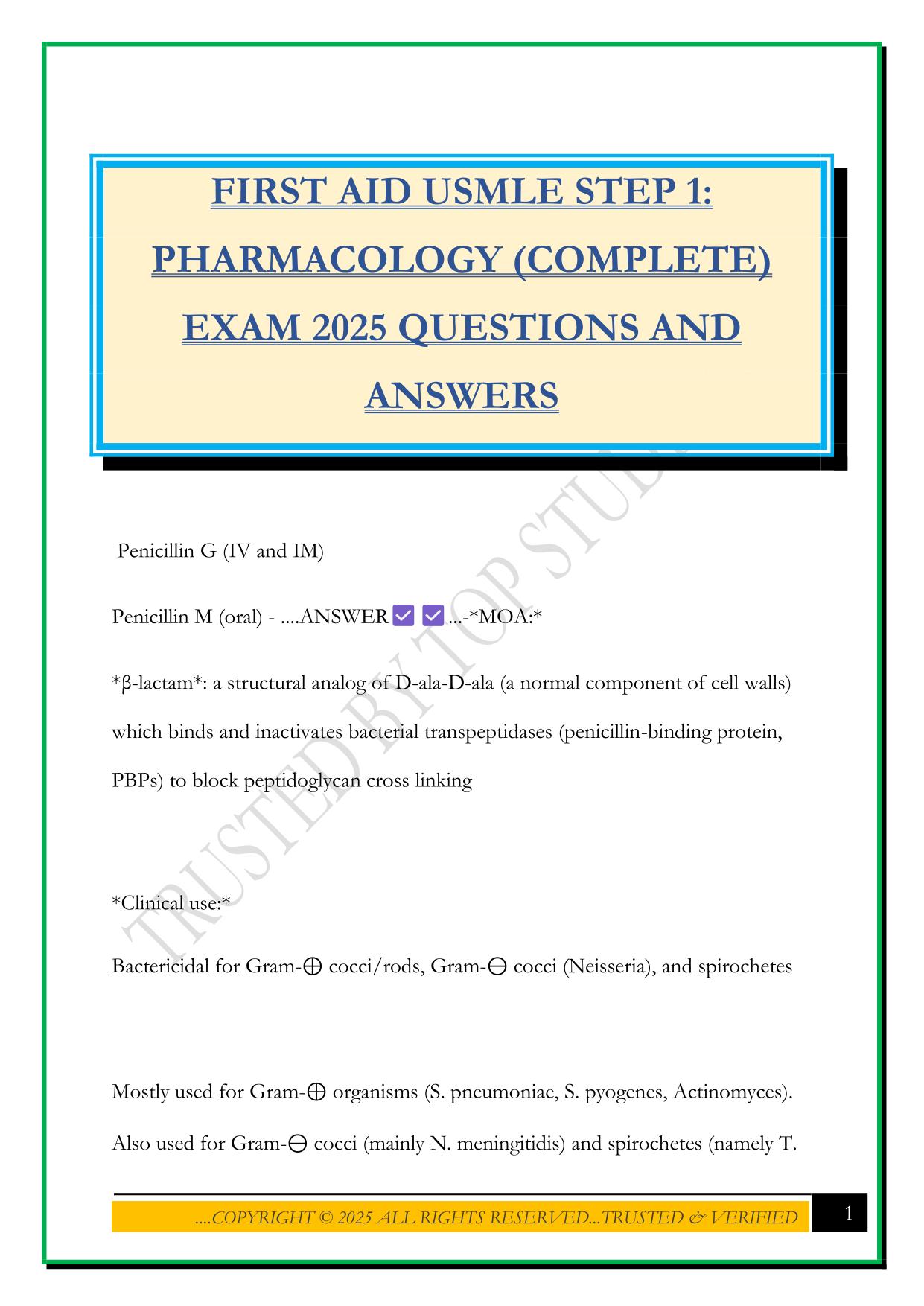FIRST AID USMLE STEP 1: PHARMACOLOGY (COMPLETE) EXAM 2025 QUESTIONS AND ANSWERS