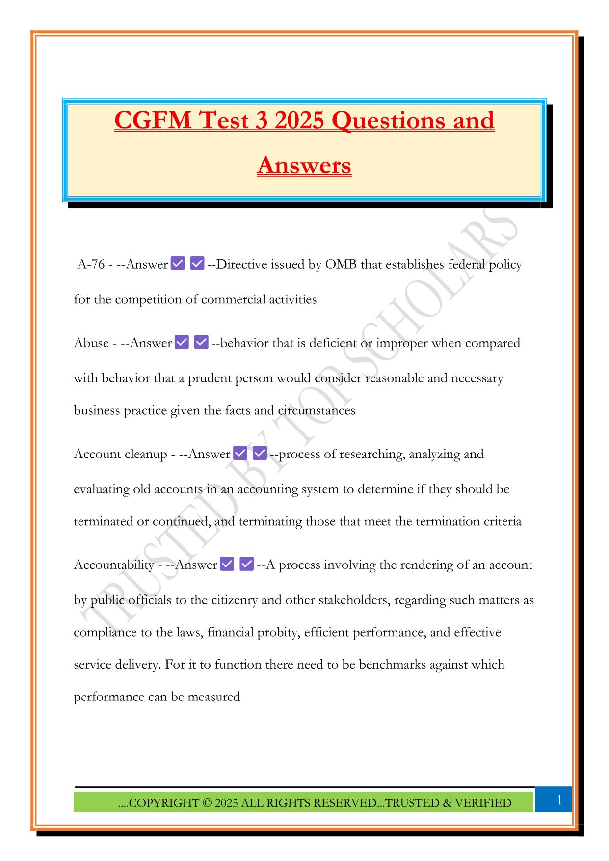 CGFM Test 3 2025 Questions and Answers