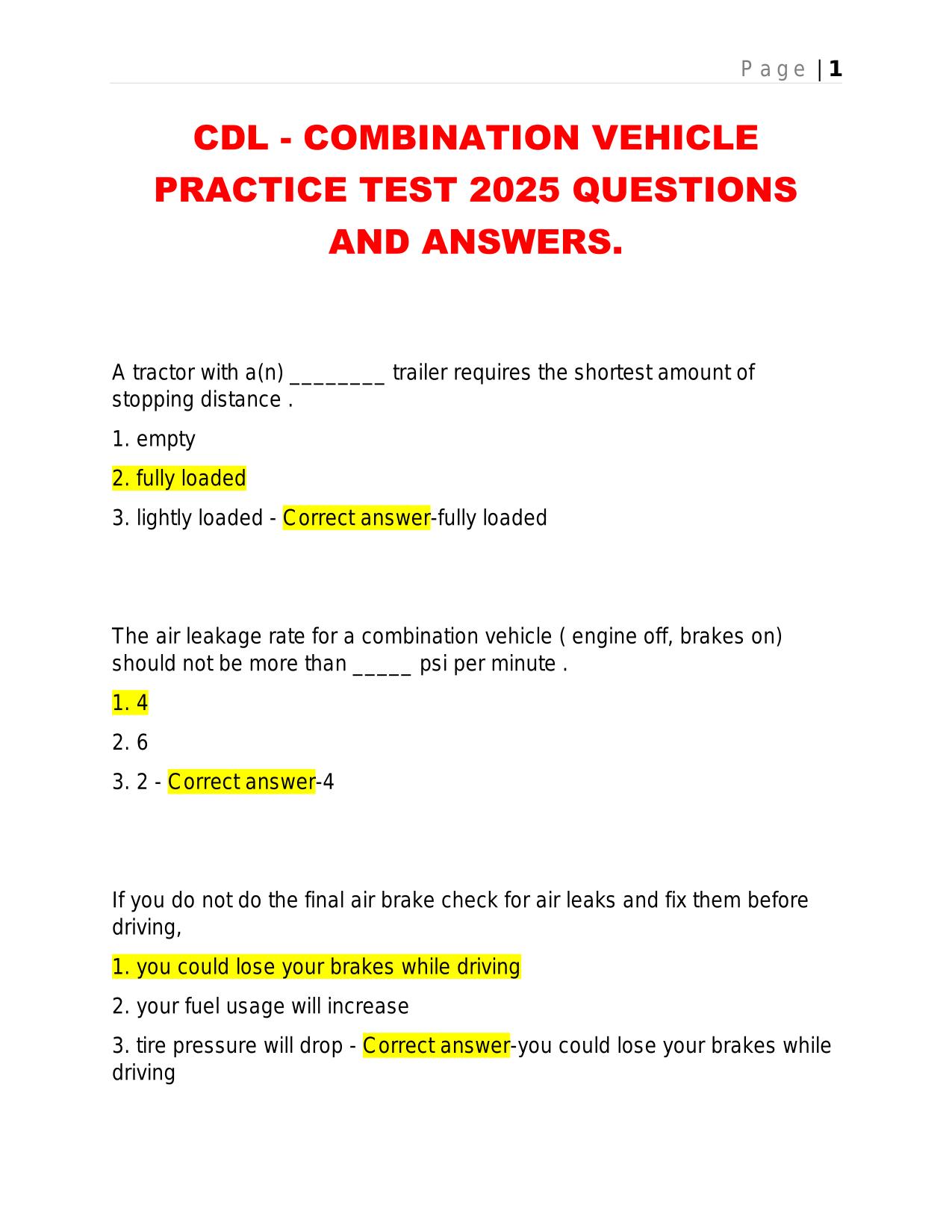 CDL - COMBINATION VEHICLE PRACTICE TEST 2025 QUESTIONS AND ANSWERS.