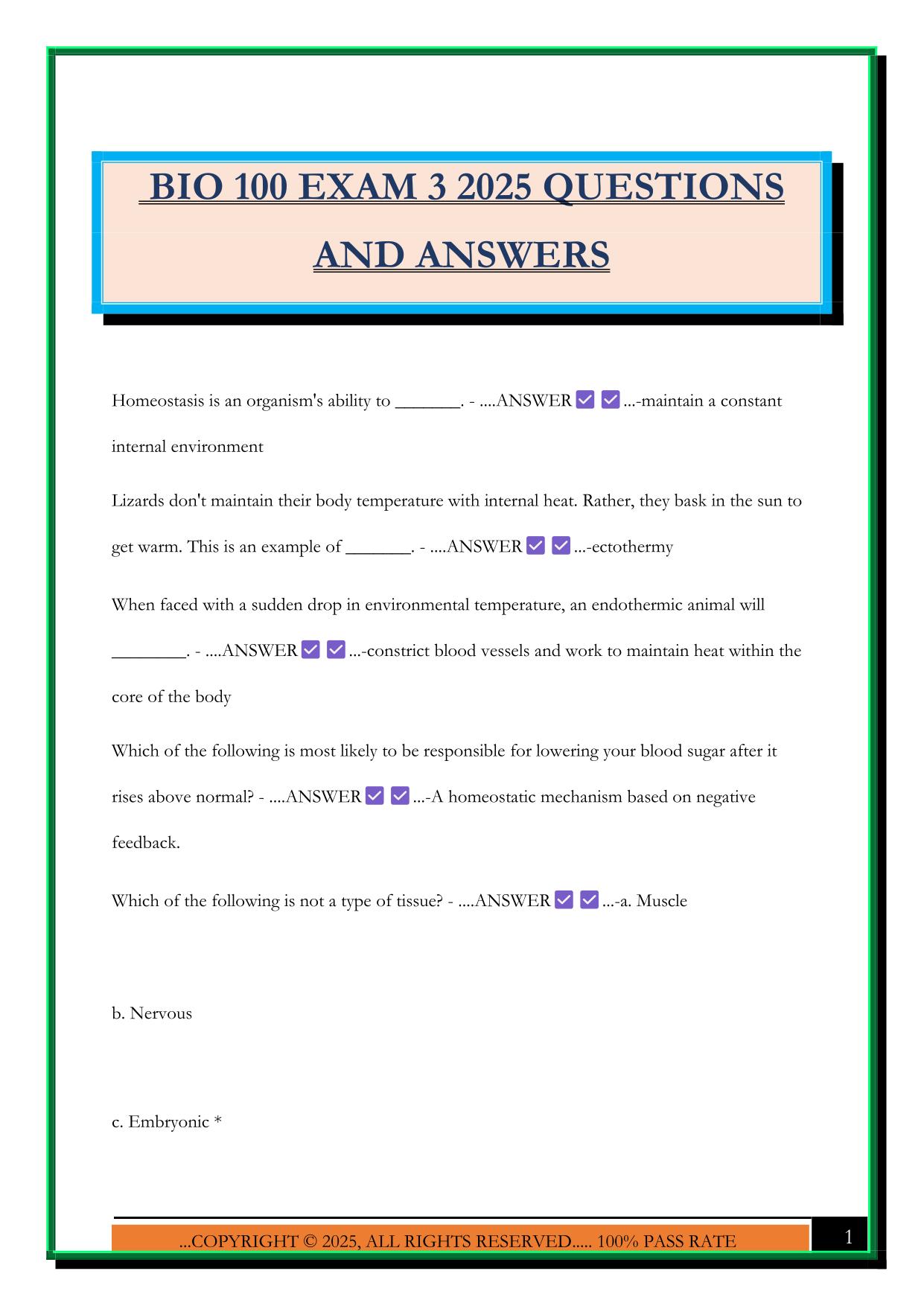 BIO 100 EXAM 3 2025 QUESTIONS AND ANSWERS