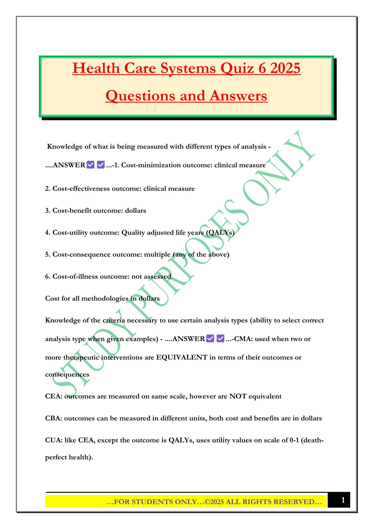 Health Care Systems Quiz 6 2025 Questions and Answers