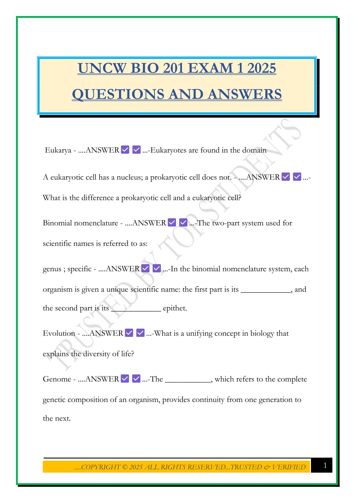 UNCW BIO 201 EXAM 1 2025 QUESTIONS AND ANSWERS