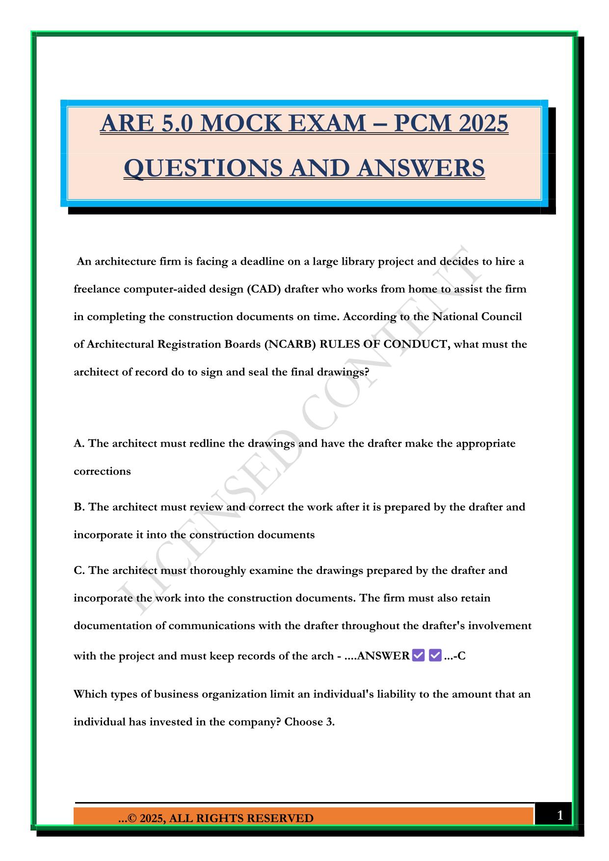 ARE 5.0 MOCK EXAM – PCM 2025 QUESTIONS AND ANSWERS