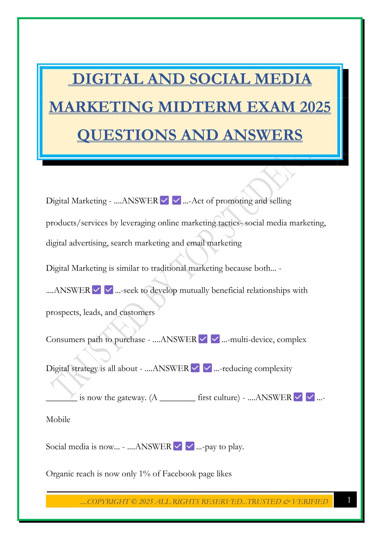 DIGITAL AND SOCIAL MEDIA MARKETING MIDTERM EXAM 2025 QUESTIONS AND ANSWERS