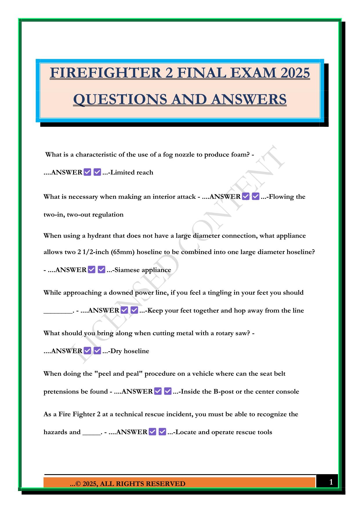 FIREFIGHTER 2 FINAL EXAM 2025 QUESTIONS AND ANSWERS
