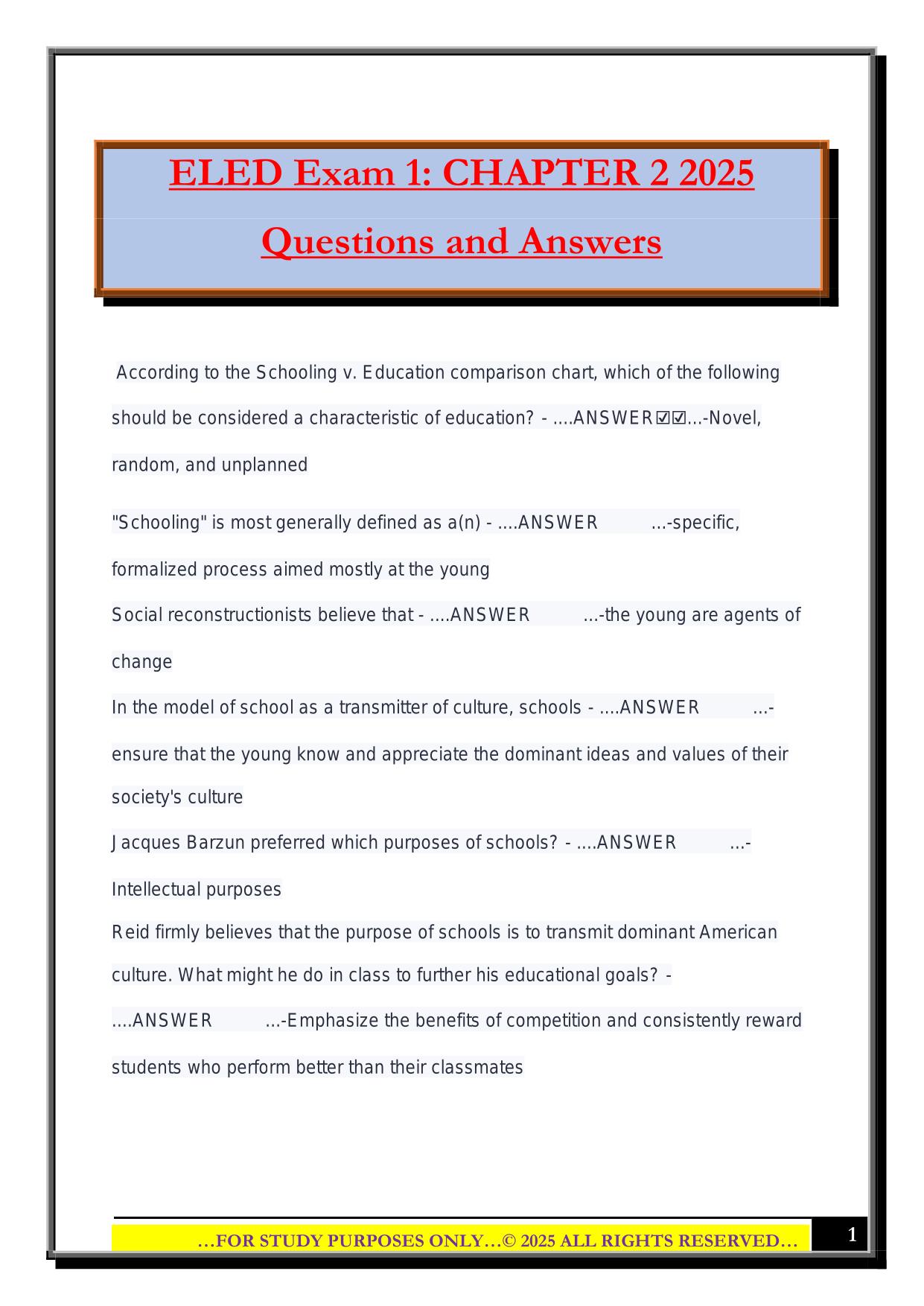 ELED Exam 1: CHAPTER 2 2025 Questions and Answers