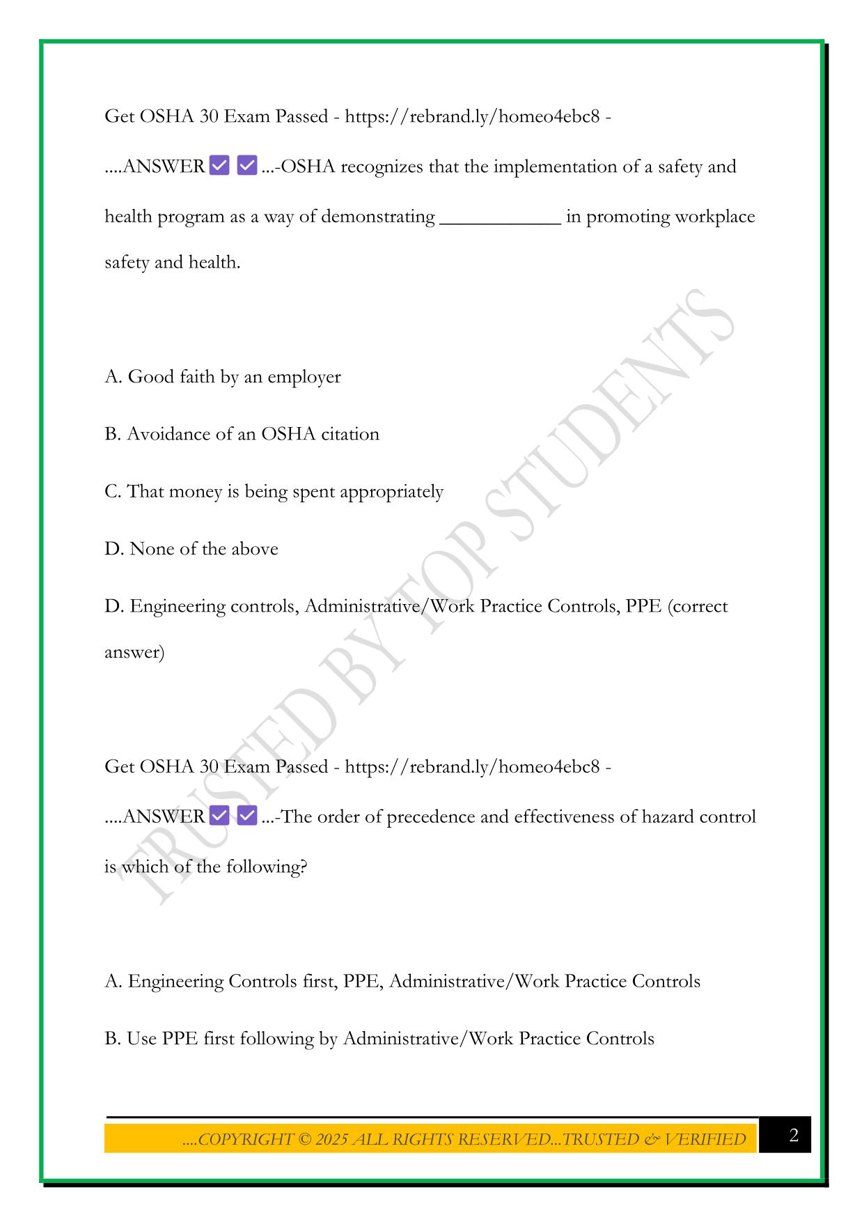 OSHA 30 CONSTRUCTION TEST 2025 ANSWER KEY MANAGING SAFETY AND HEALTH
