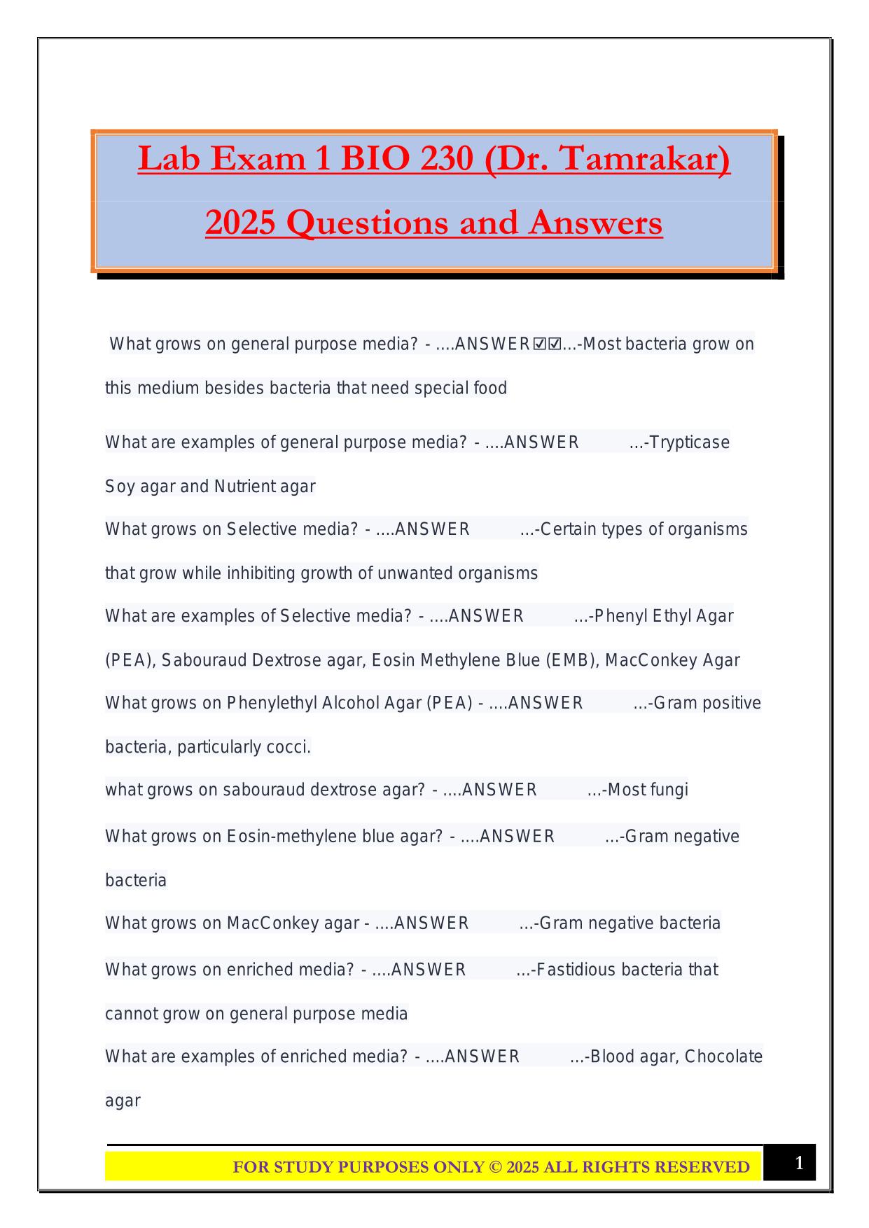 Lab Exam 1 BIO 230 (Dr. Tamrakar) 2025 Questions and Answers