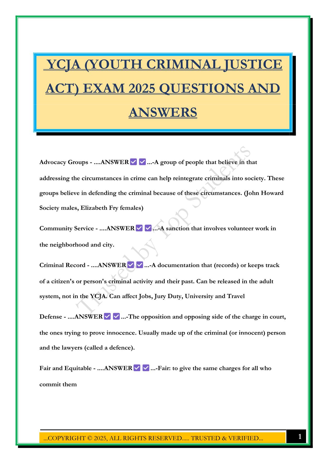 YCJA (YOUTH CRIMINAL JUSTICE ACT) EXAM 2025 QUESTIONS AND ANSWERS