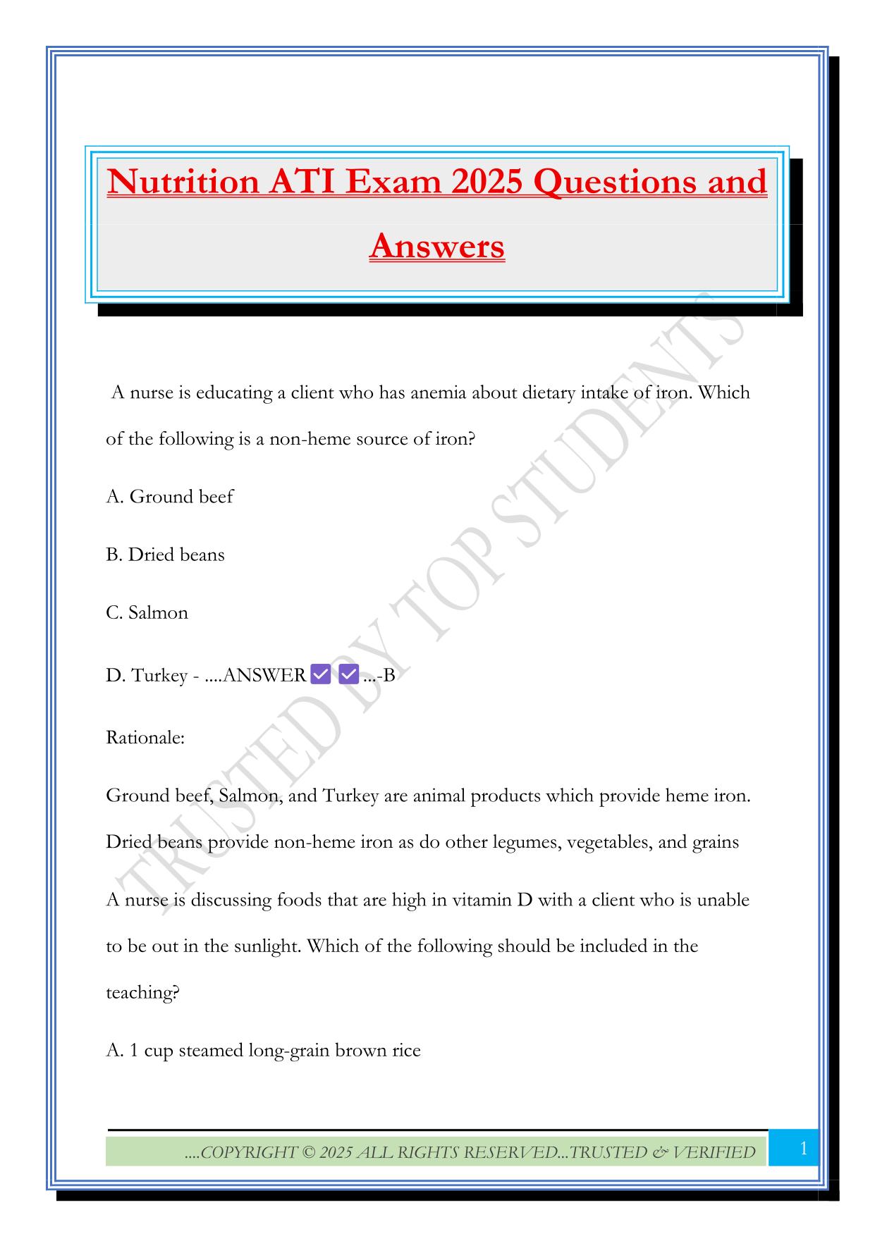Nutrition ATI Exam 2025 Questions and Answers