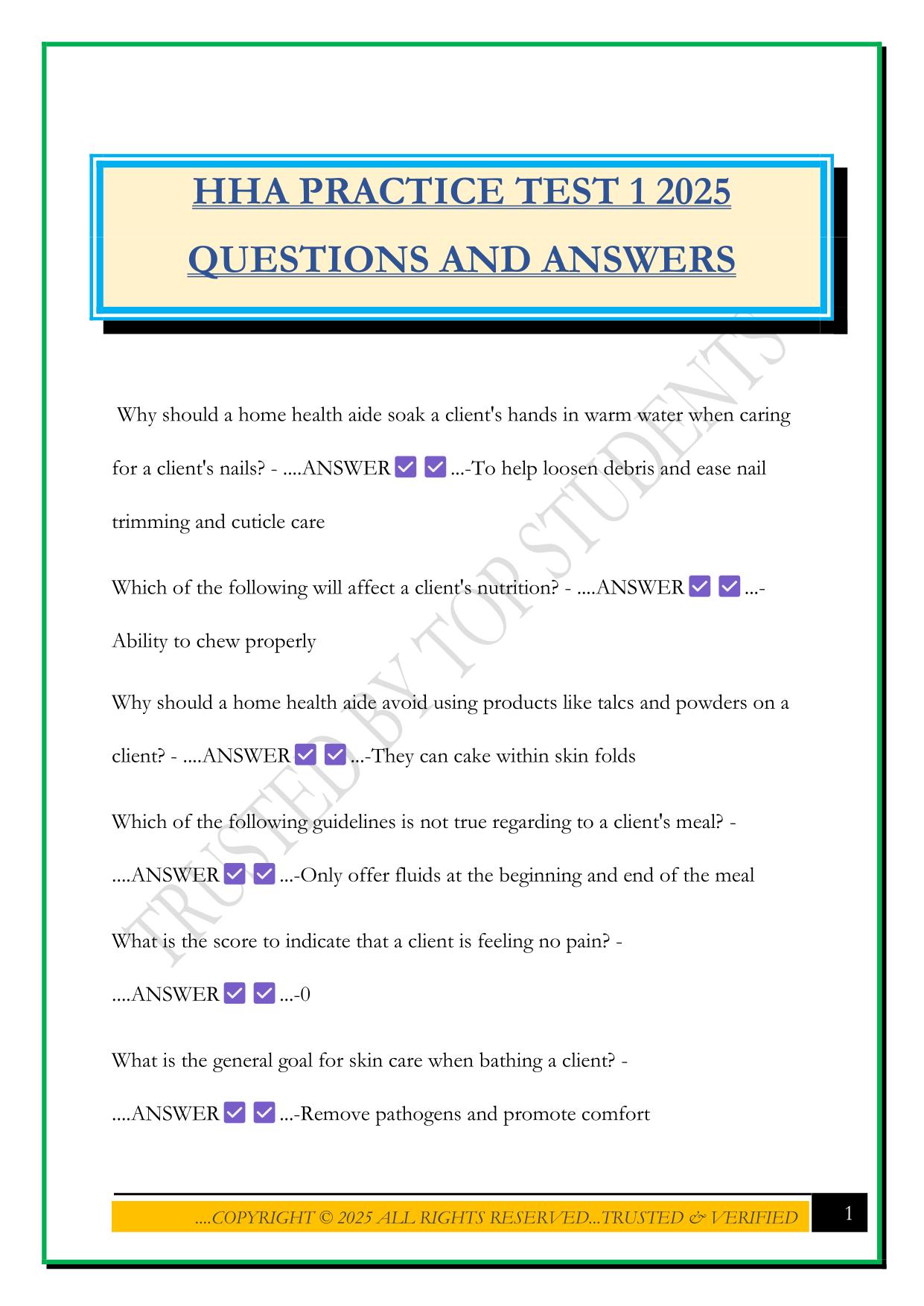 HHA PRACTICE TEST 1 2025 QUESTIONS AND ANSWERS