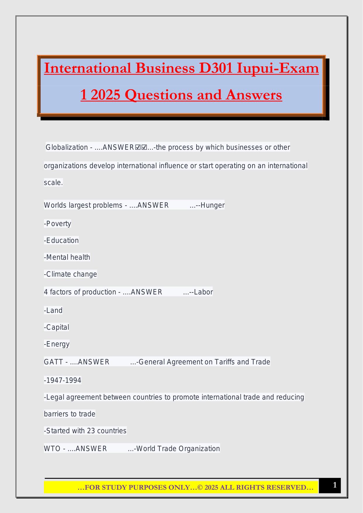 International Business D301 Iupui-Exam 1 2025 Questions and Answers