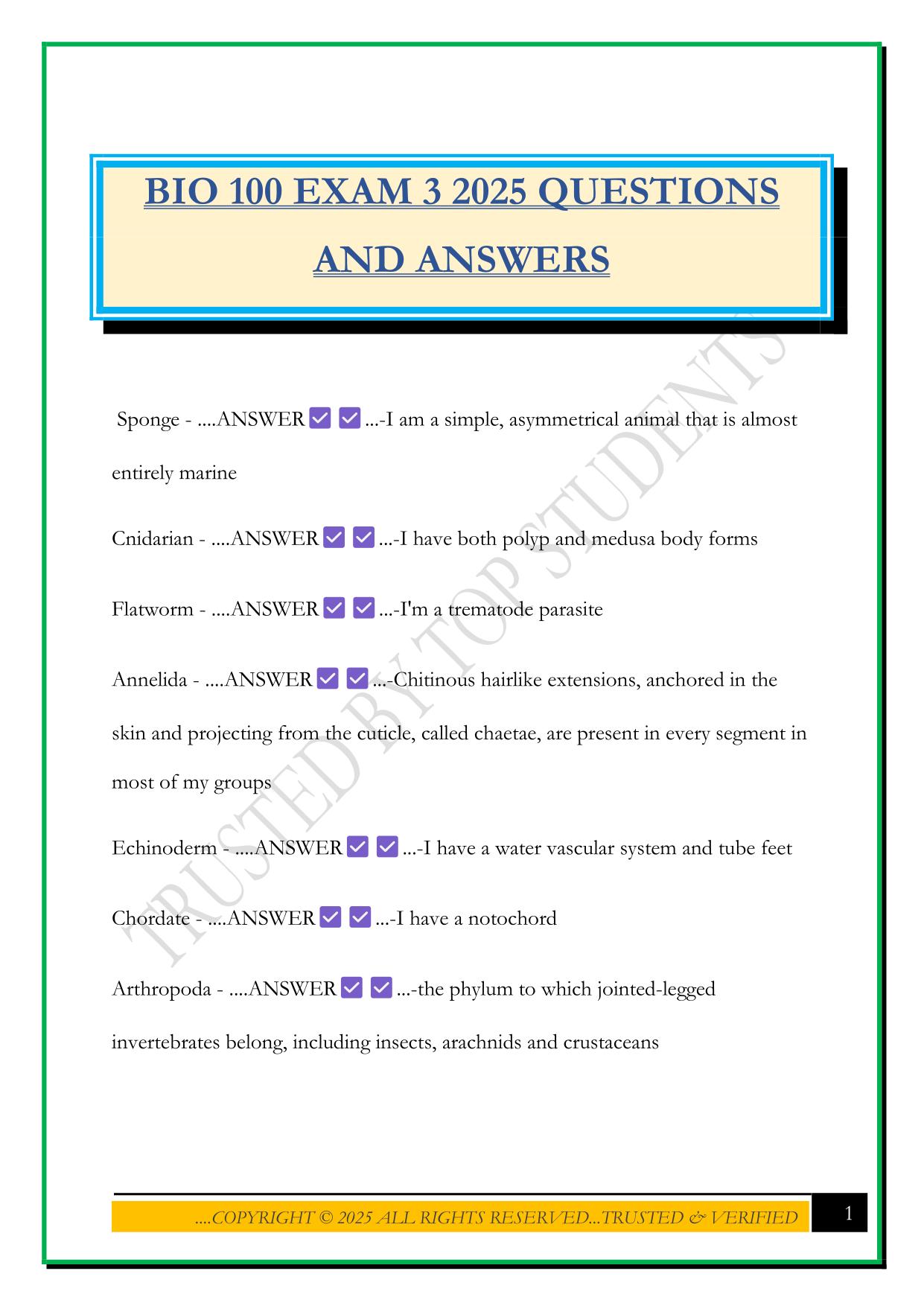 BIO 100 EXAM 3 2025 QUESTIONS AND ANSWERS