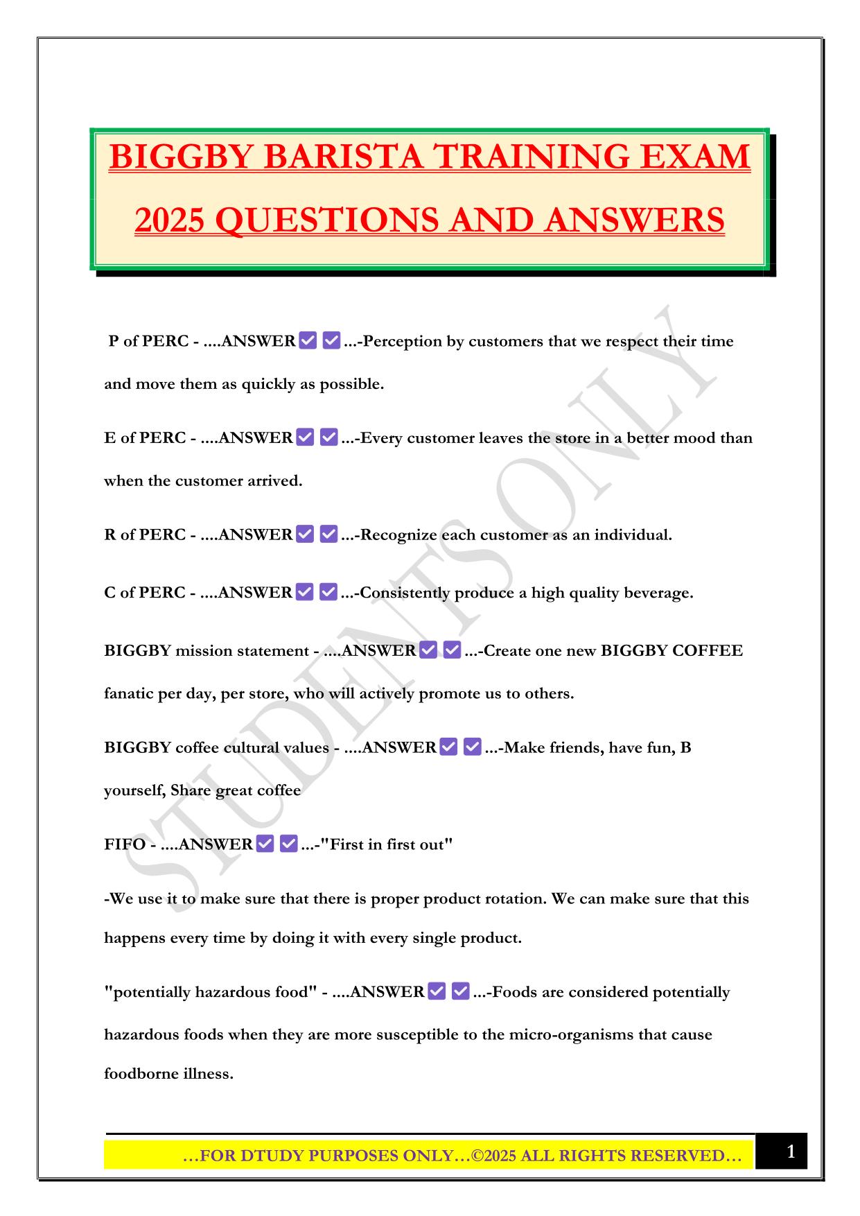 BIGGBY BARISTA TRAINING EXAM 2025 QUESTIONS AND ANSWERS