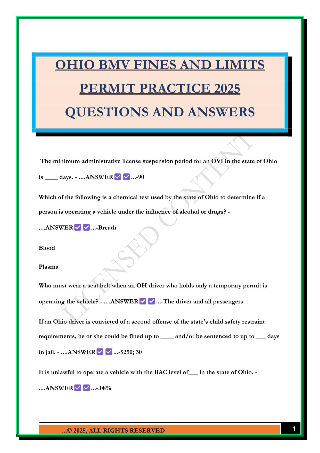 OHIO BMV FINES AND LIMITS PERMIT PRACTICE 2025 QUESTIONS AND ANSWERS