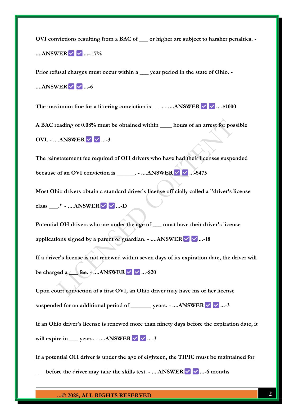 OHIO BMV FINES AND LIMITS PERMIT PRACTICE 2025 QUESTIONS AND ANSWERS