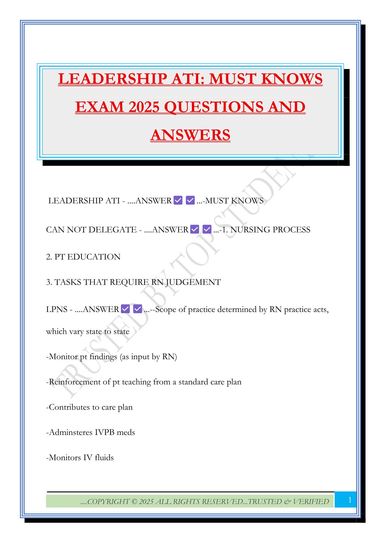 LEADERSHIP ATI: MUST KNOWS EXAM 2025 QUESTIONS AND ANSWERS