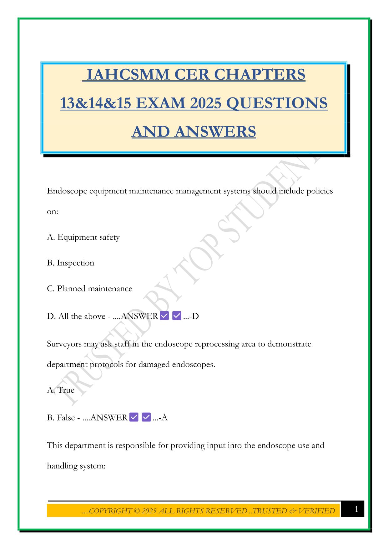 IAHCSMM CER CHAPTERS 13&14&15 EXAM 2025 QUESTIONS AND ANSWERS