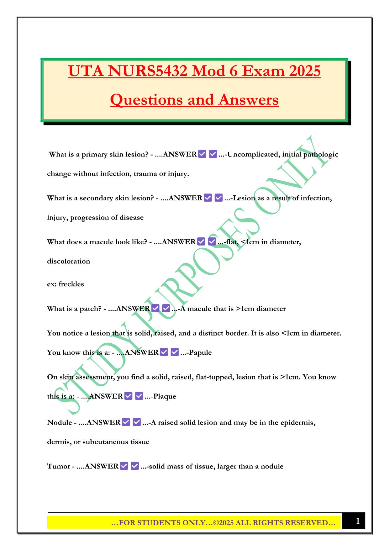 UTA NURS5432 Mod 6 Exam 2025 Questions and Answers