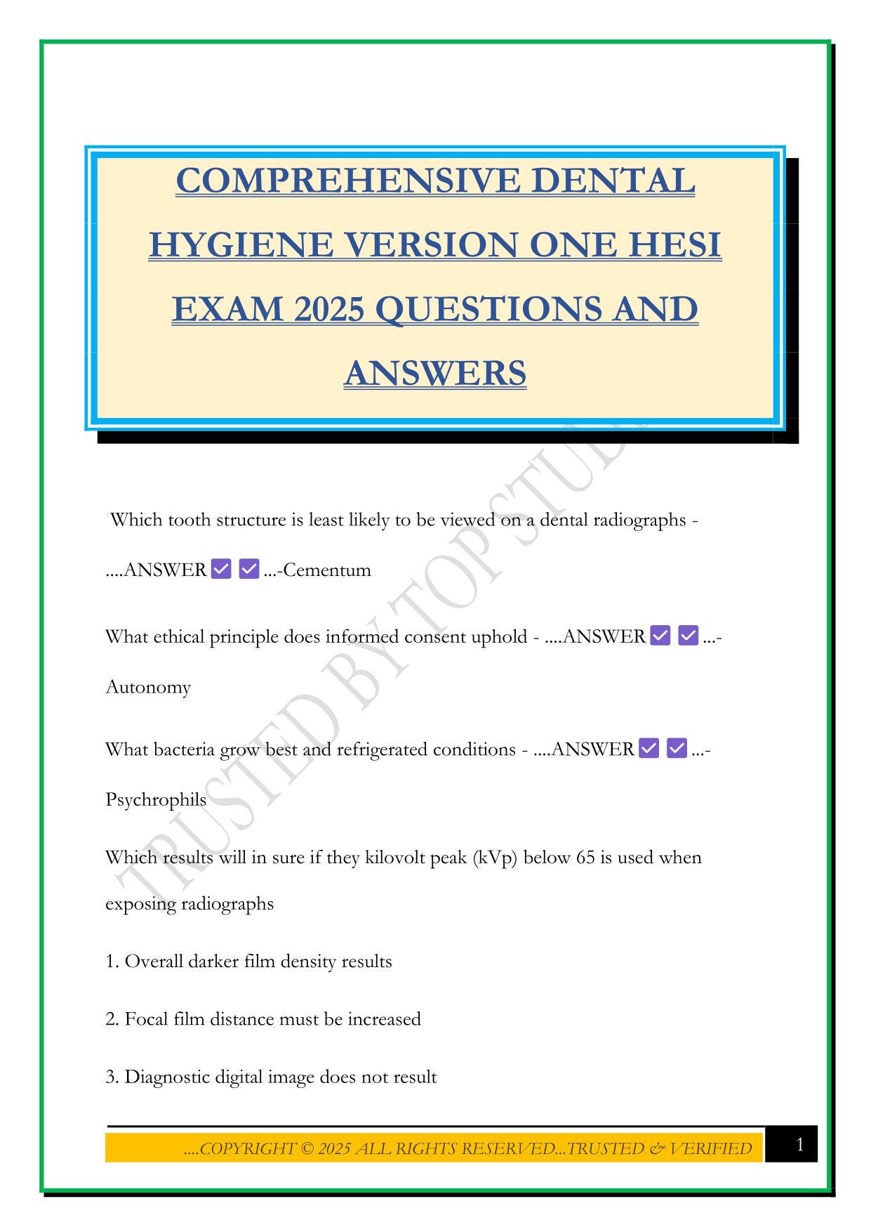 COMPREHENSIVE DENTAL HYGIENE VERSION ONE HESI EXAM 2025 QUESTIONS AND ANSWERS