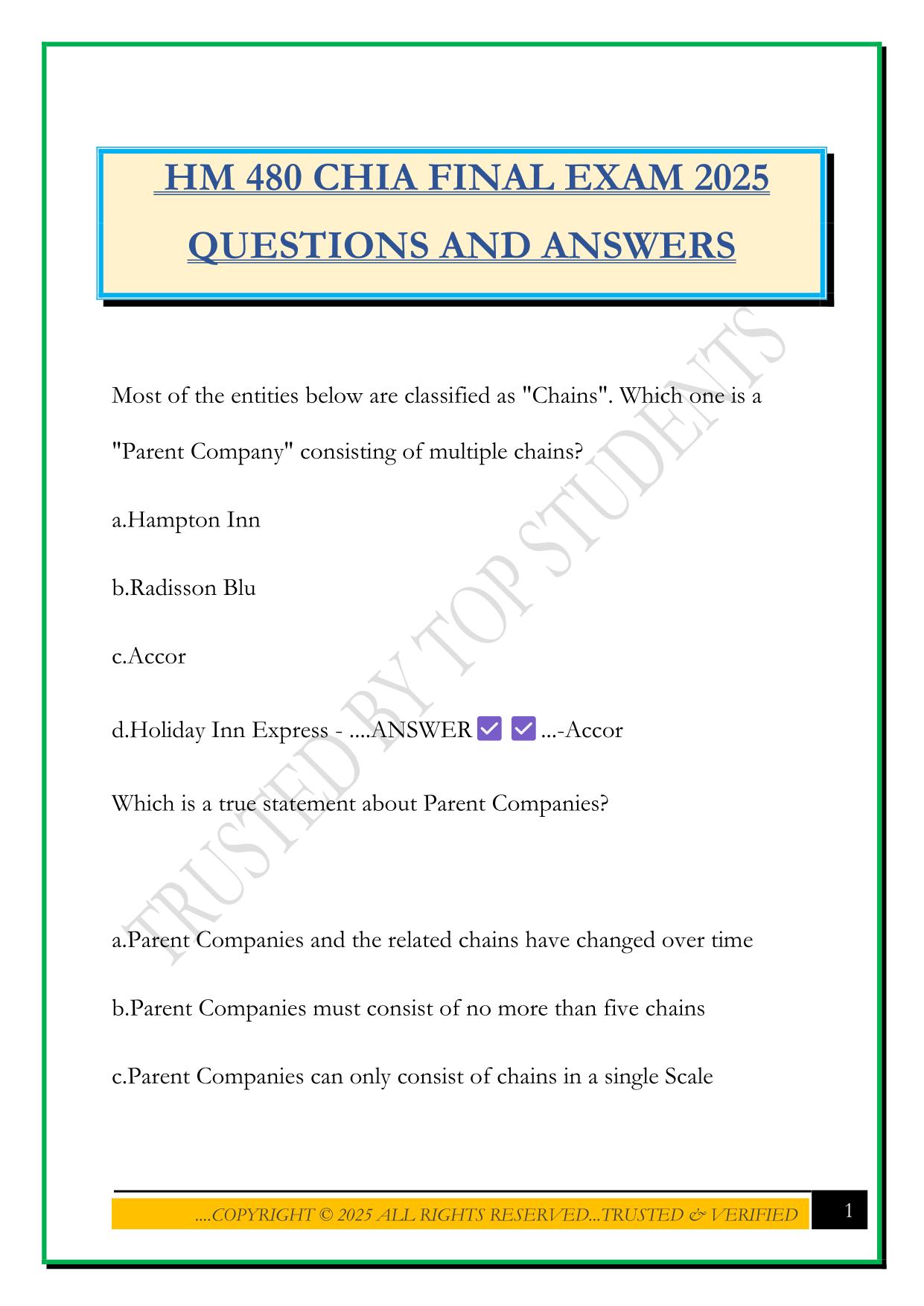 HM 480 CHIA FINAL EXAM 2025 QUESTIONS AND ANSWERS