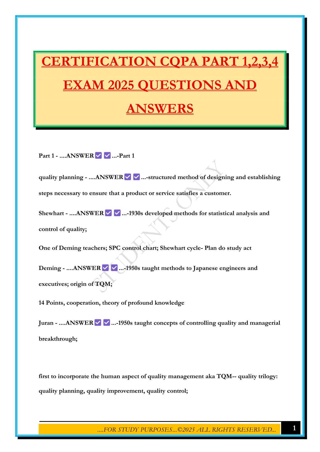 CERTIFICATION CQPA PART 1,2,3,4 EXAM 2025 QUESTIONS AND ANSWERS